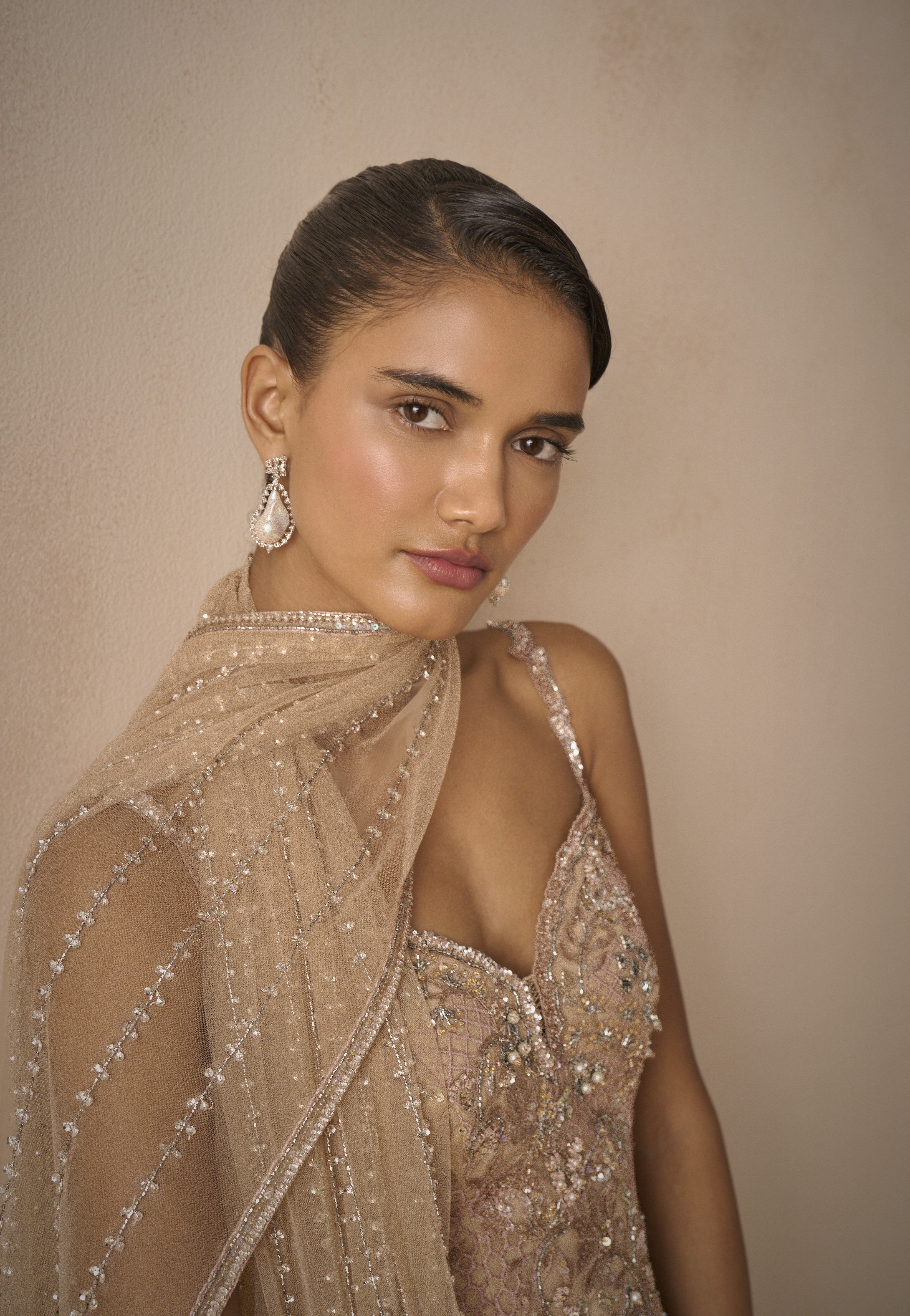Biscuit Brown Tulle Strappy Gharara  Set