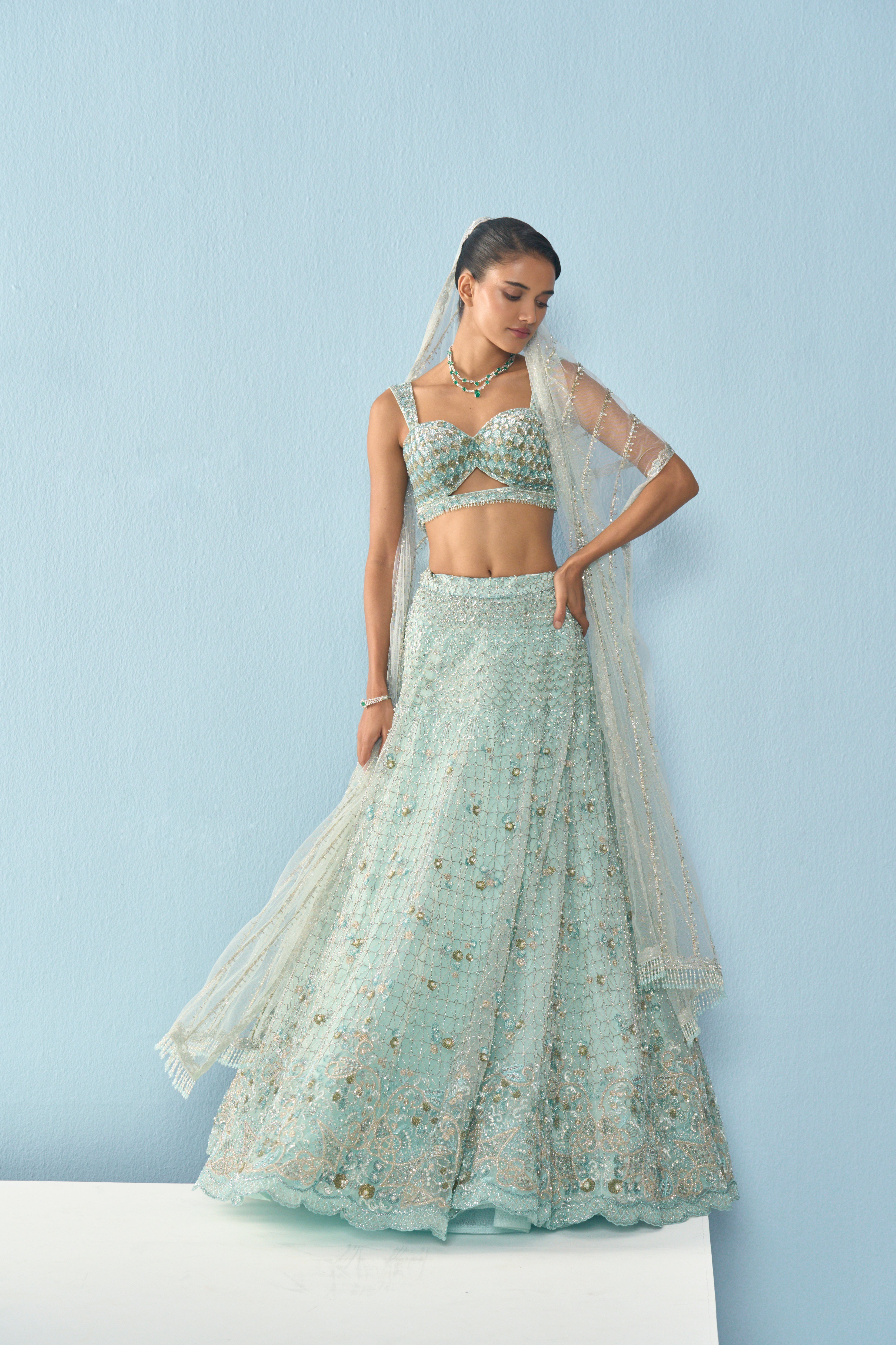 Aqua Blue Tulle Lehenga Set