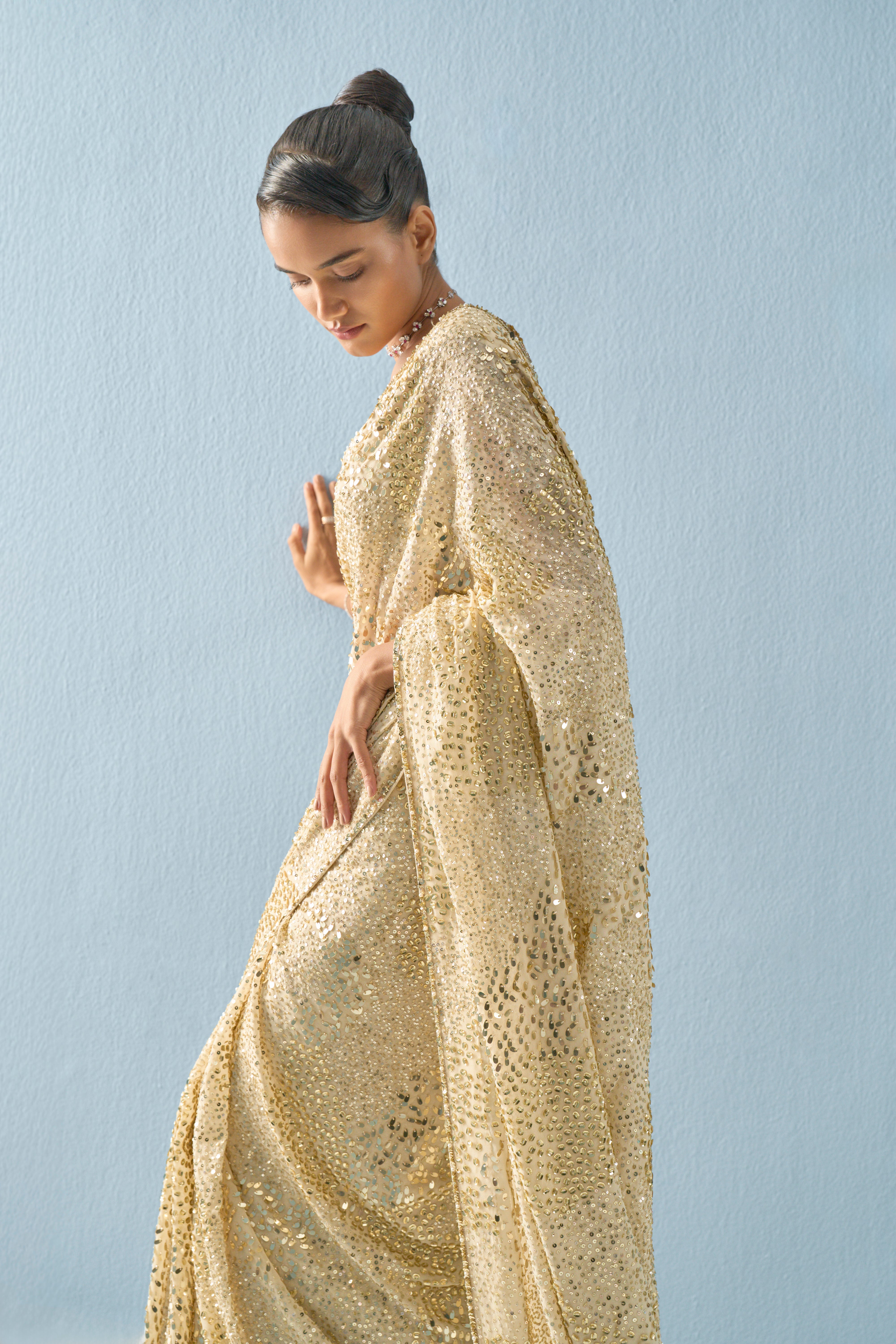 Ivory Georgette Sparkle Saree Set