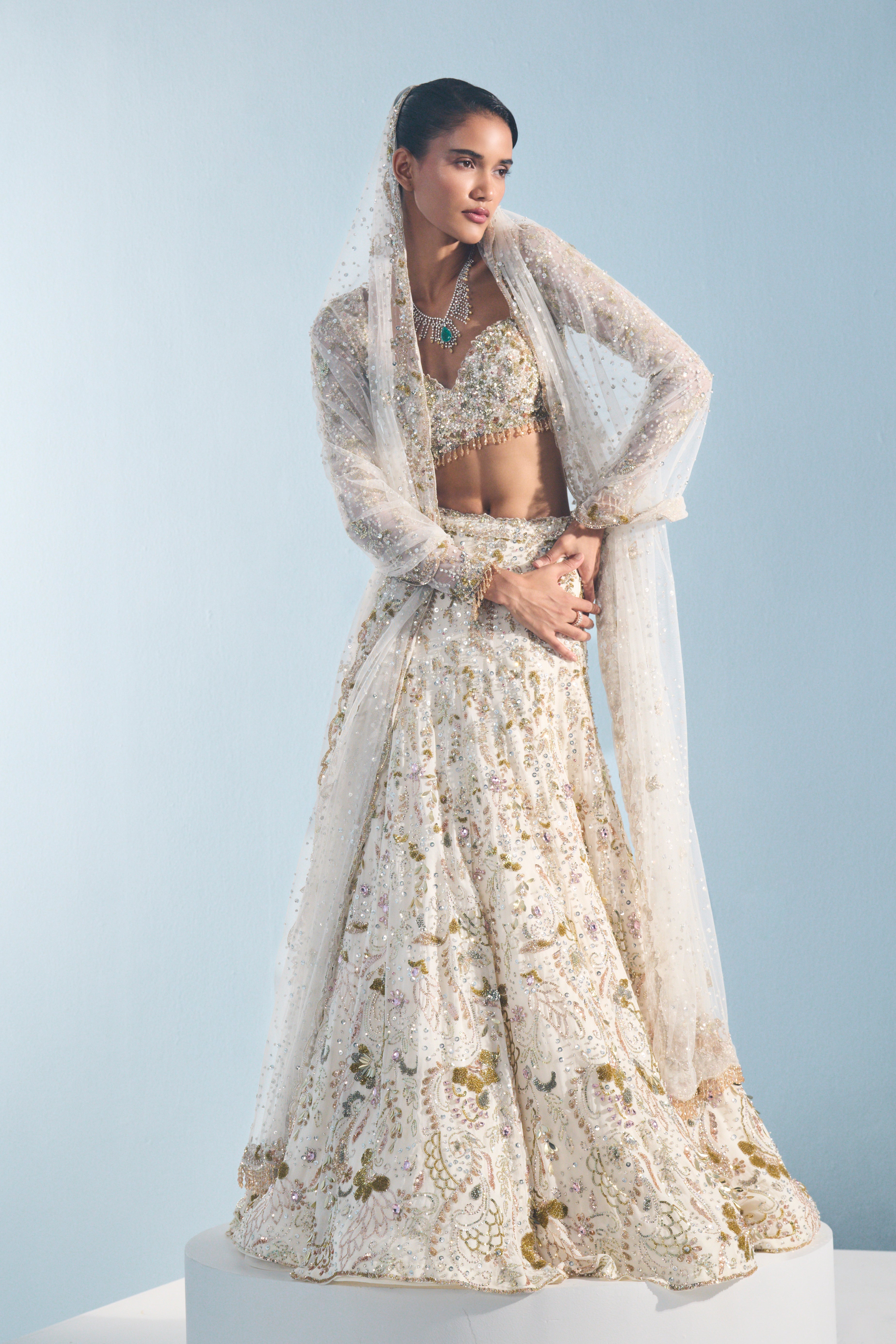 Ivory Georgette Fitted  Lehenga Set