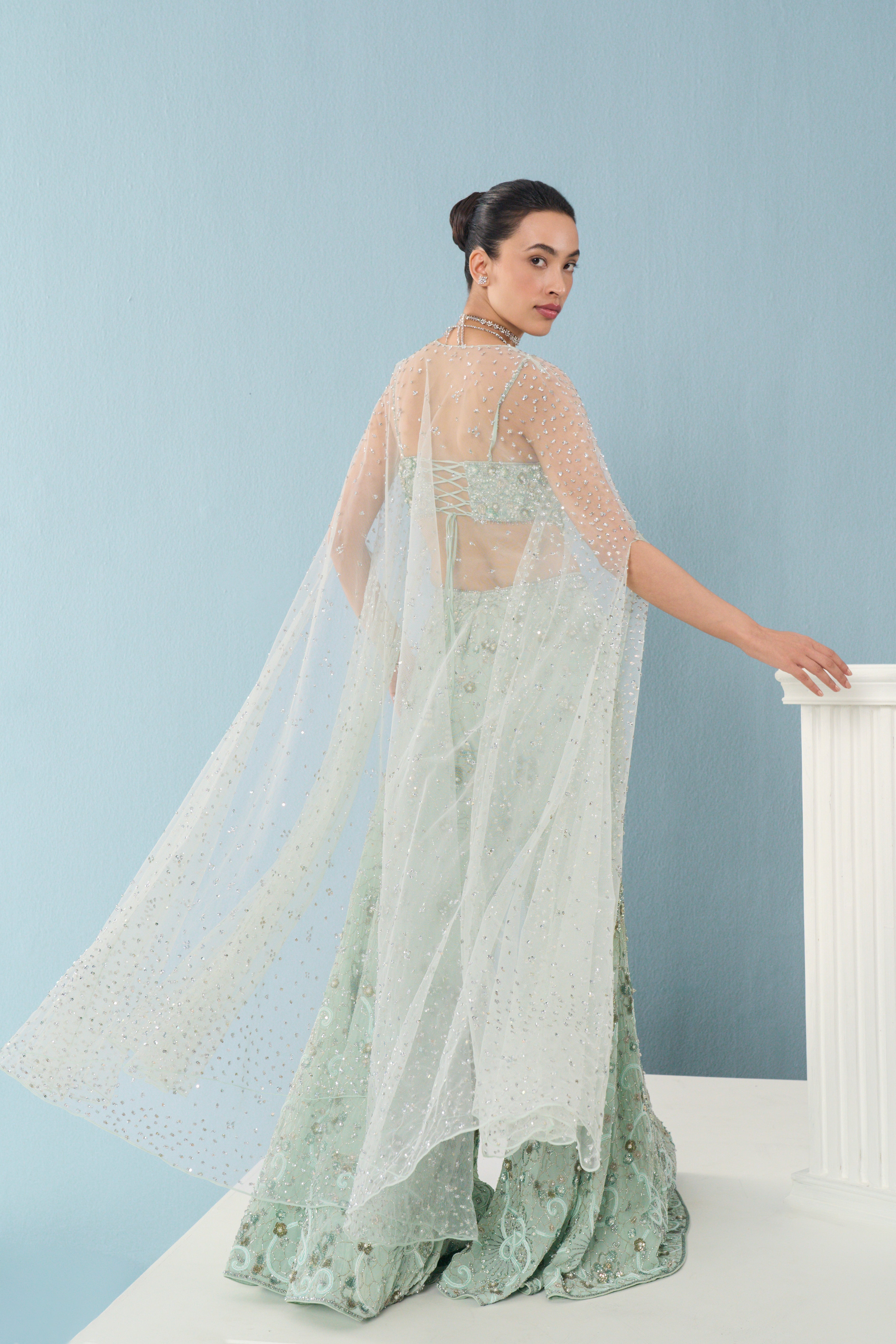 Sea Green Georgette High Waist Sharara And Cape Set
