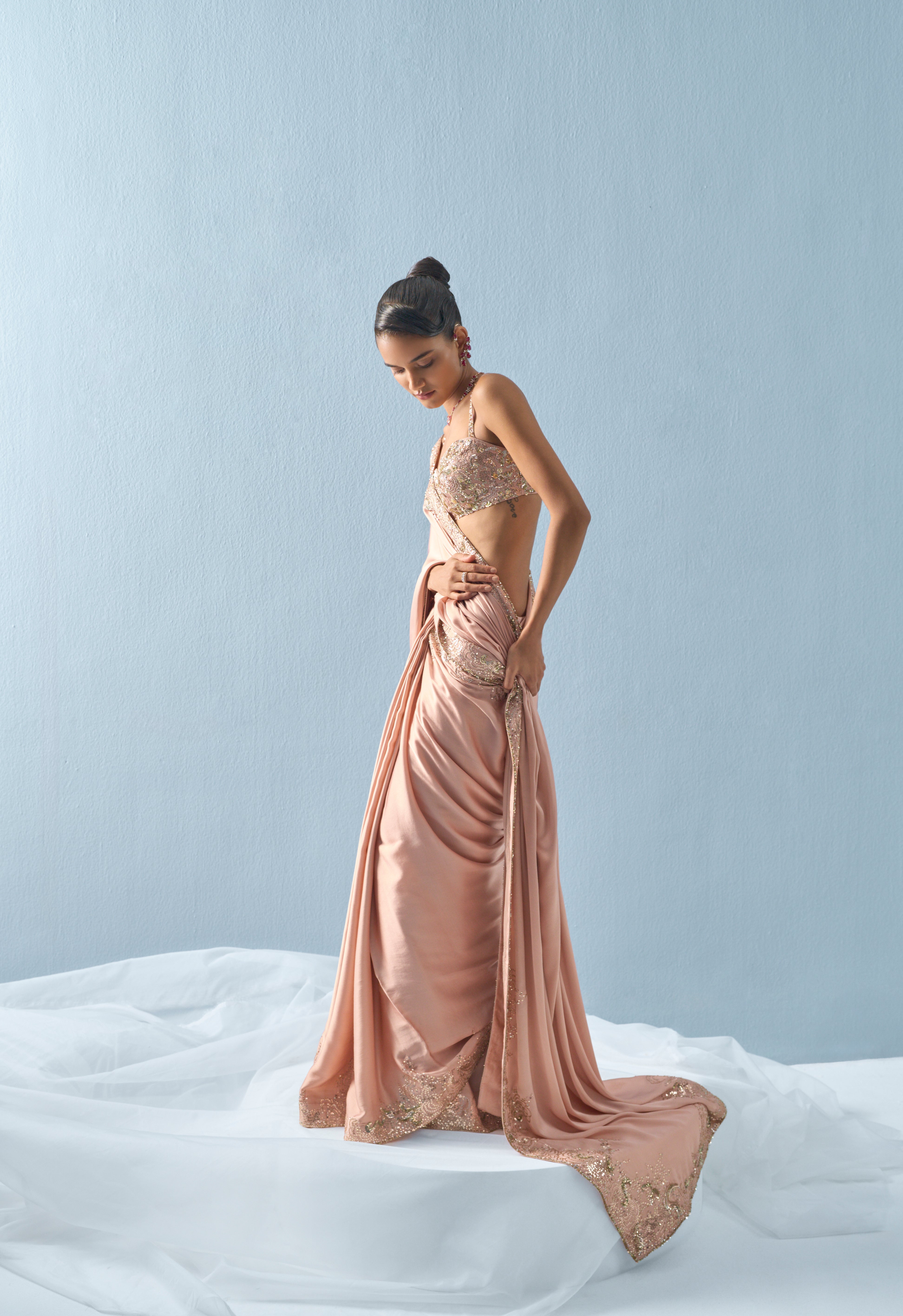 Nude Pink Satin Saree Set