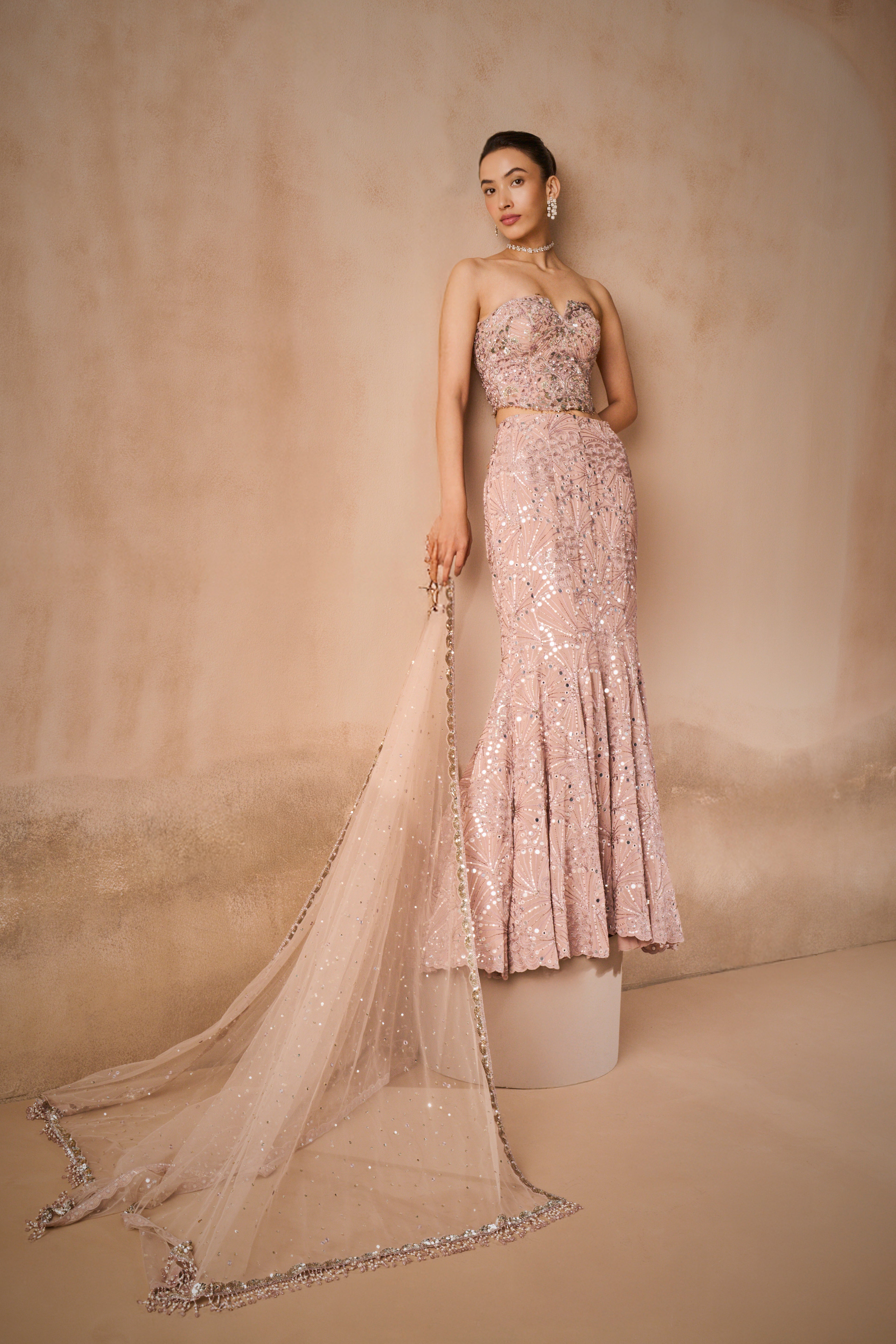 Mauve Pink Georgette Fit And Flare Lehenga Set