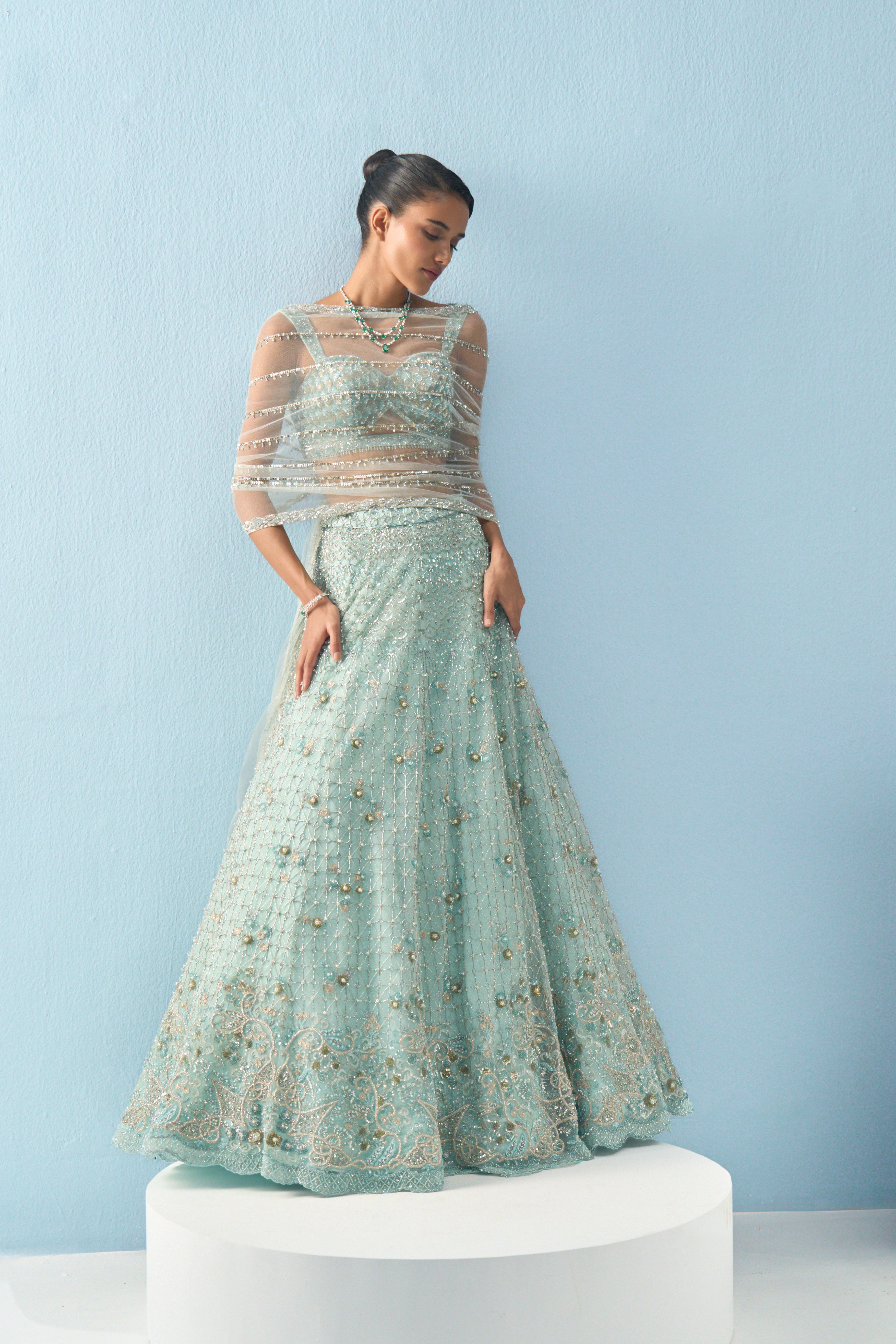 Aqua Blue Tulle Lehenga Set