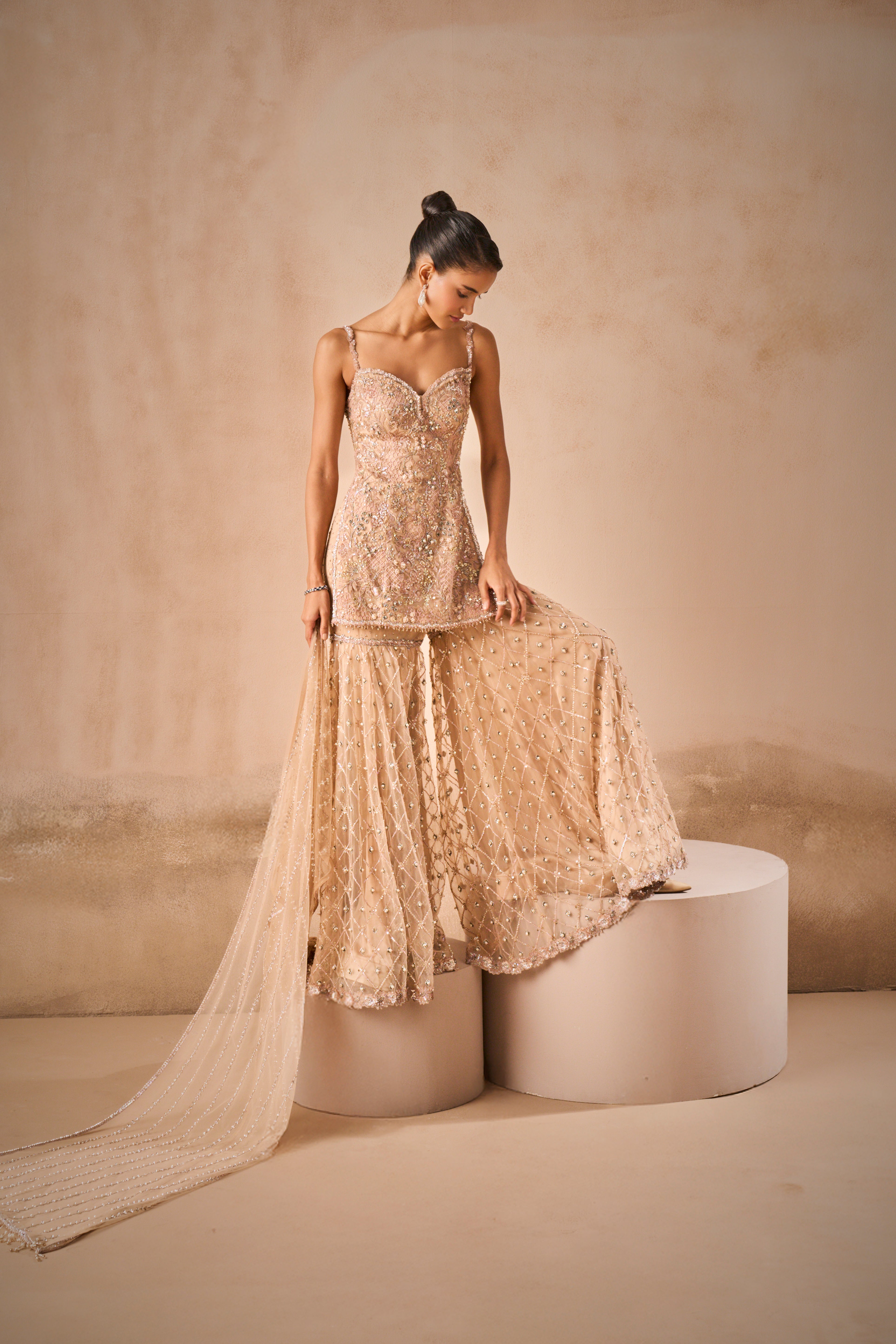 Biscuit Brown Tulle Strappy Gharara  Set
