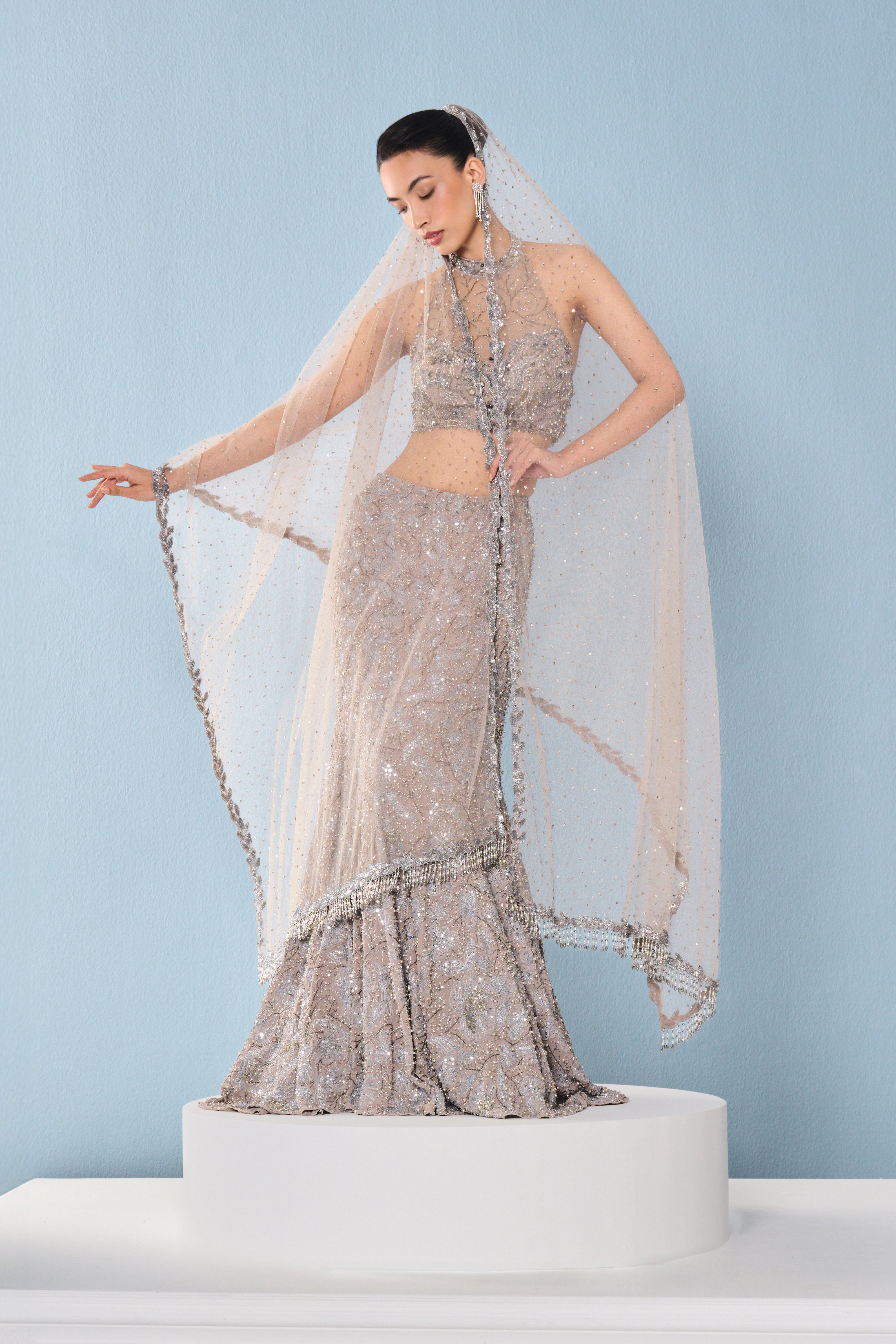 Grey Tulle Fit And Flare Lehenga Set