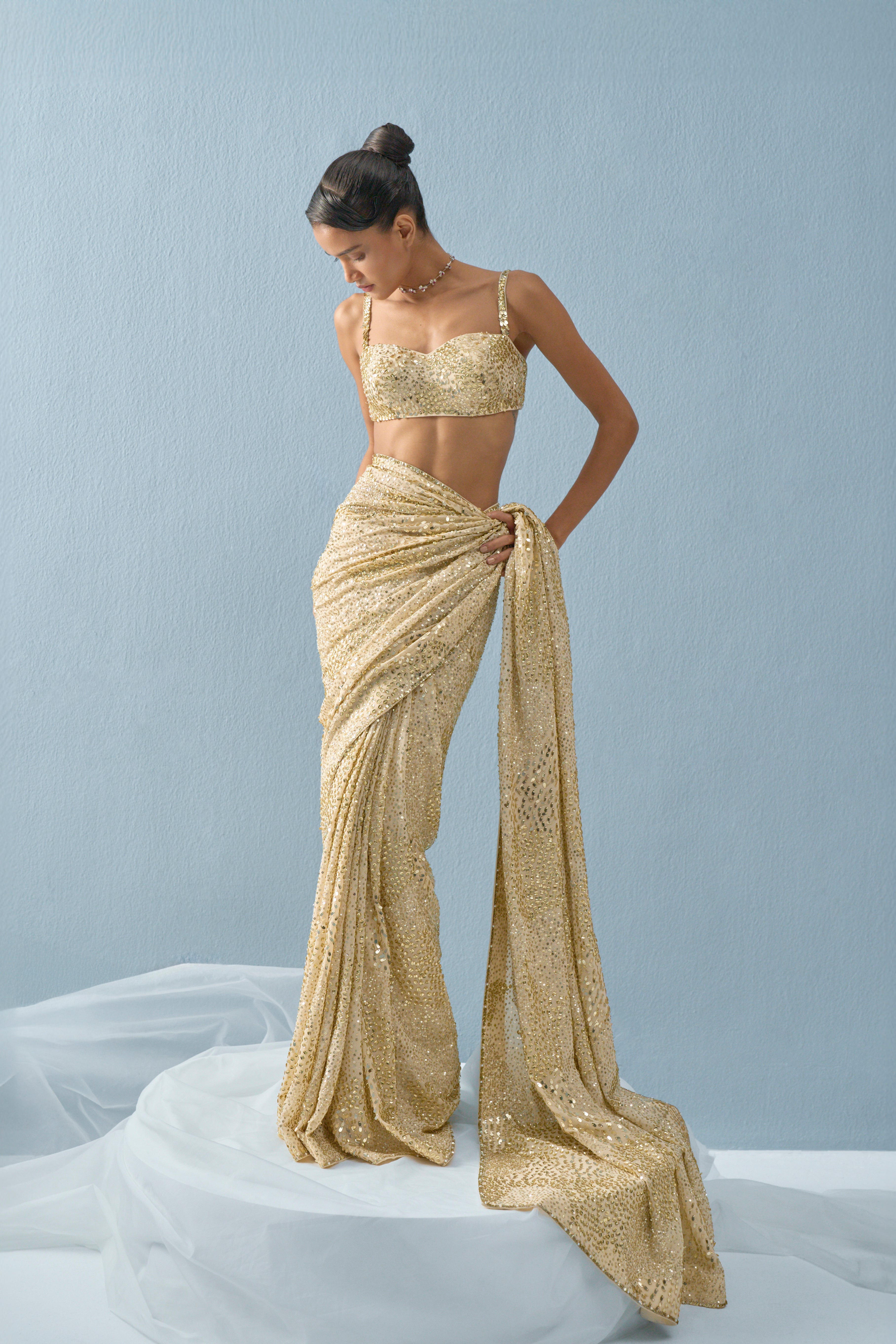 Ivory Georgette Sparkle Saree Set