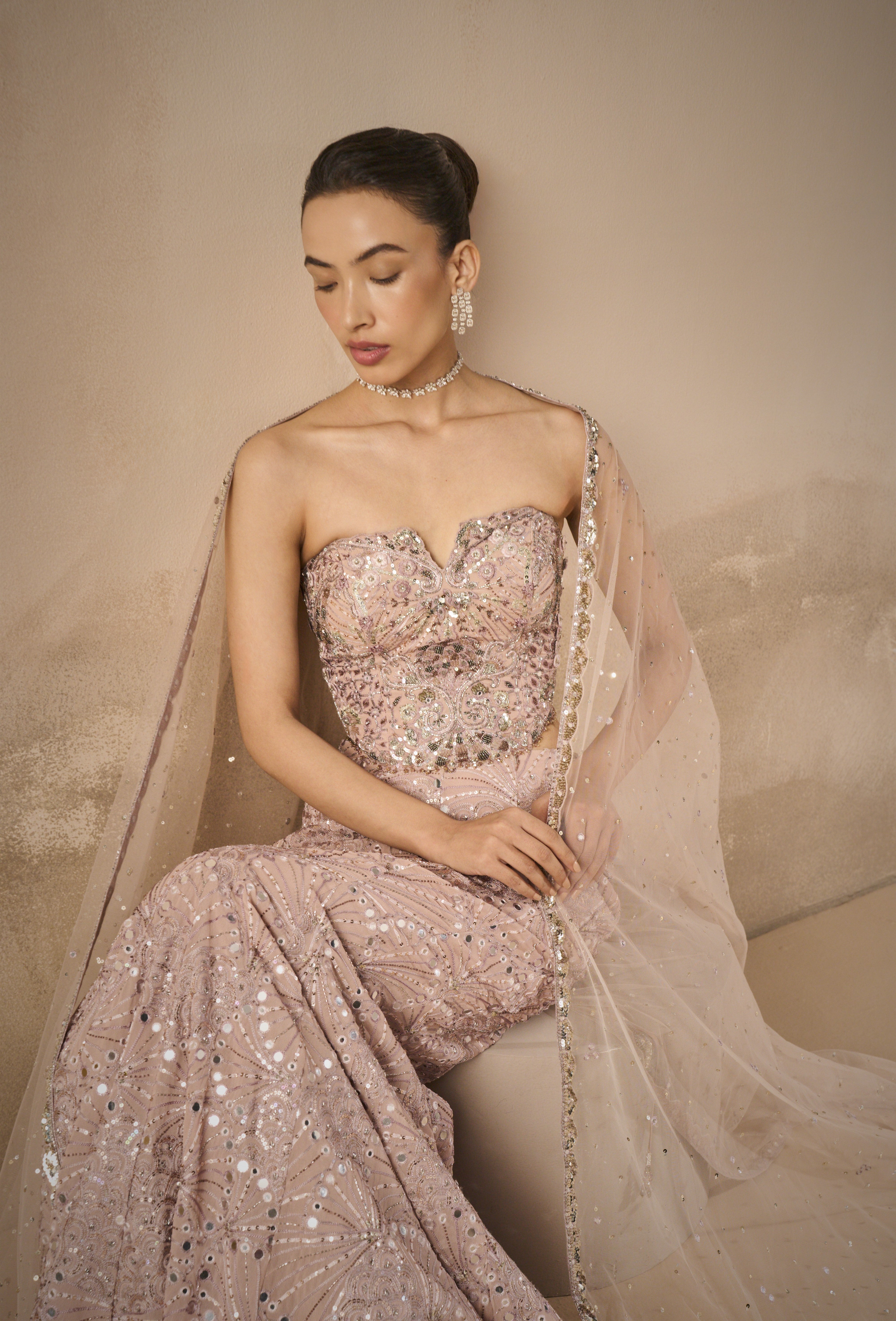 Mauve Pink Georgette Fit And Flare Lehenga Set