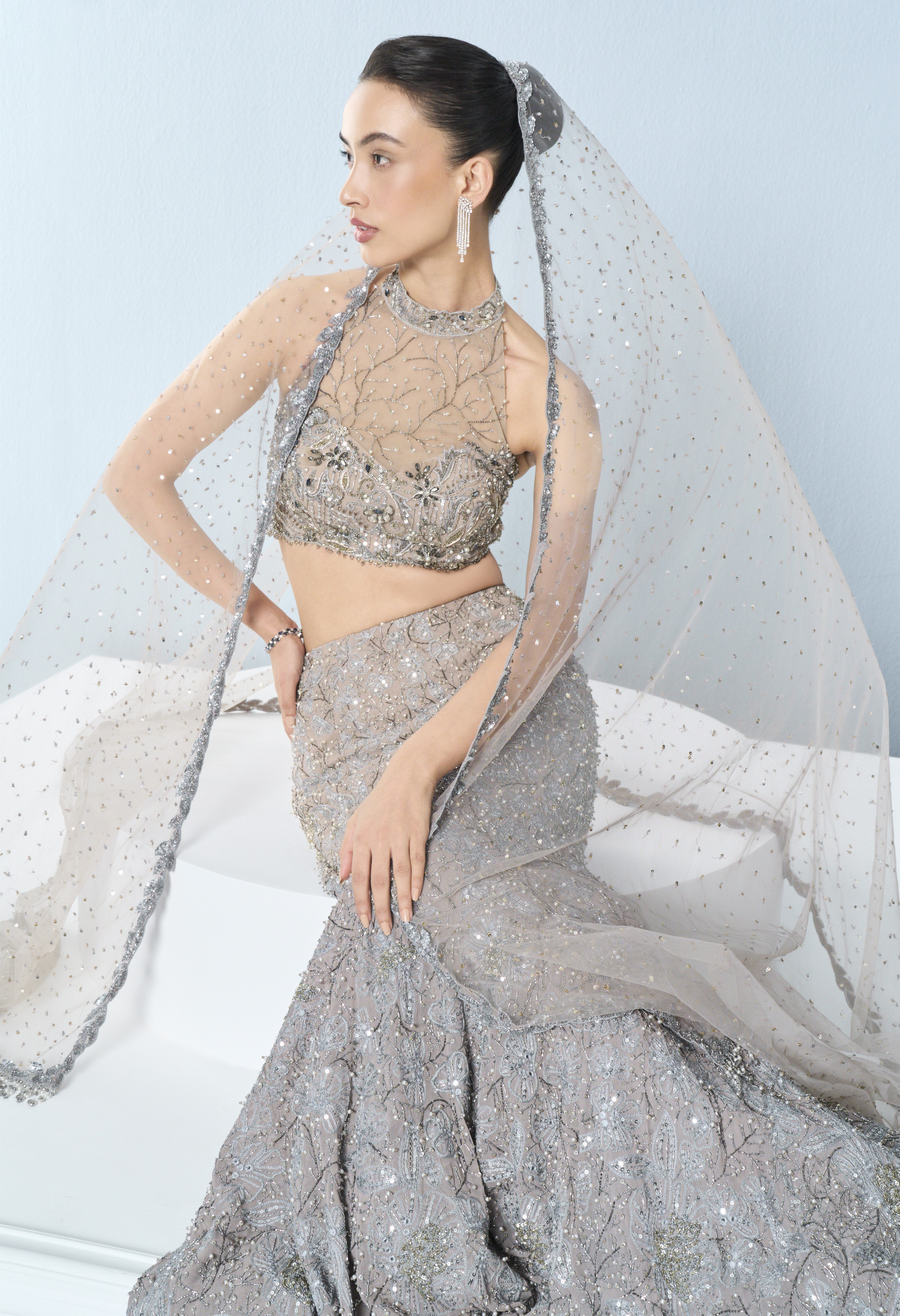 Grey Tulle Fit And Flare Lehenga Set
