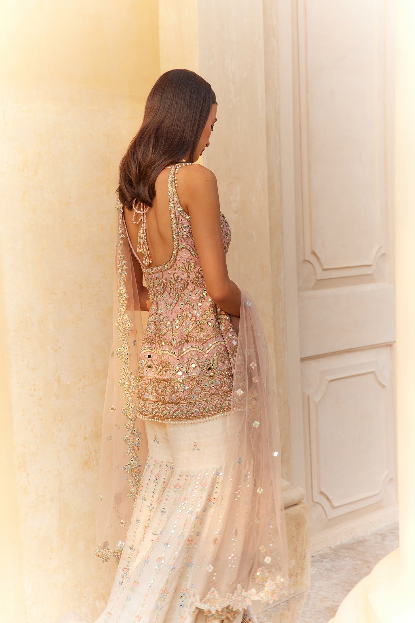 IVORY AND ROSEPINK MIRROR GHARARA SET