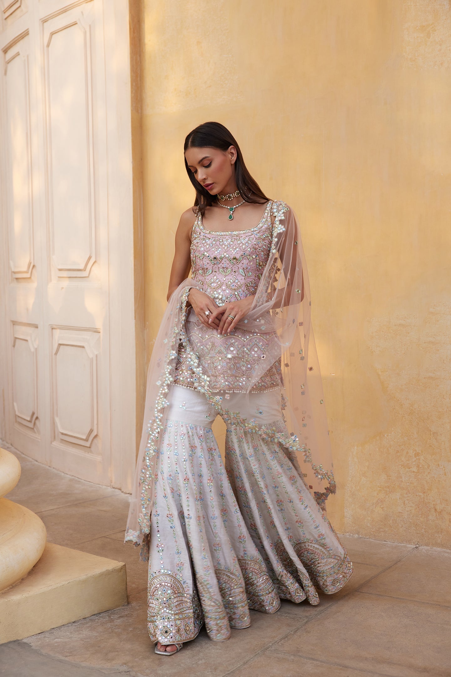 IVORY AND ROSEPINK MIRROR GHARARA SET
