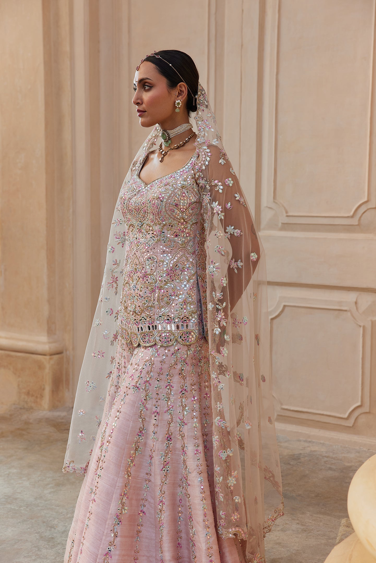 PINK RAW SILK MIRROR SHARARA SET