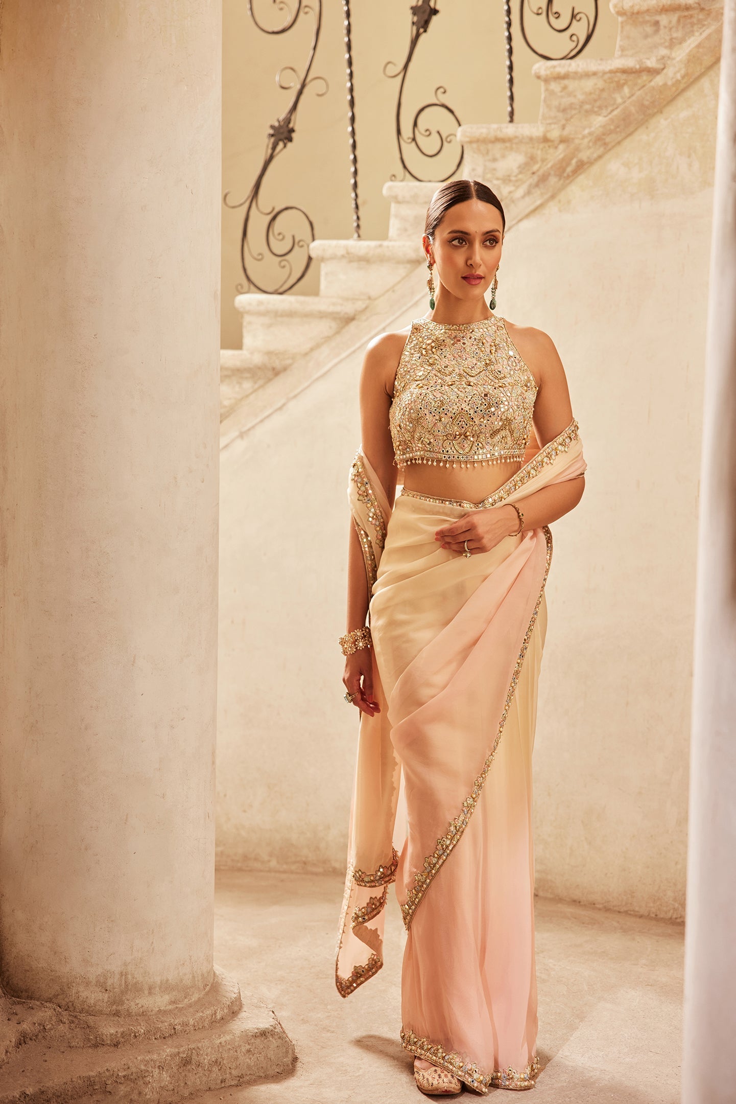 PINK IVORY OMBRE ORGANZA SAREE SET