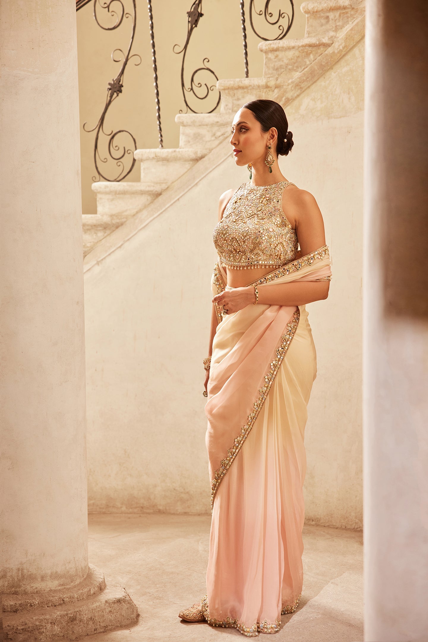 PINK IVORY OMBRE ORGANZA SAREE SET