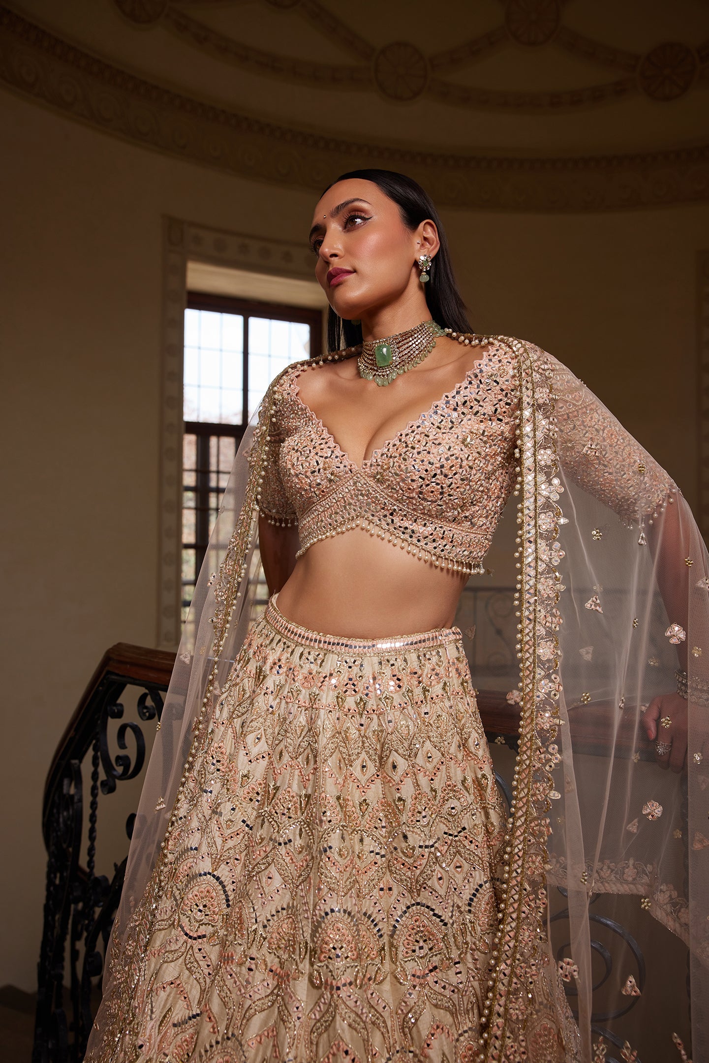 PEACH SELF EMBROIDERED MIRROR LEHENGA SET