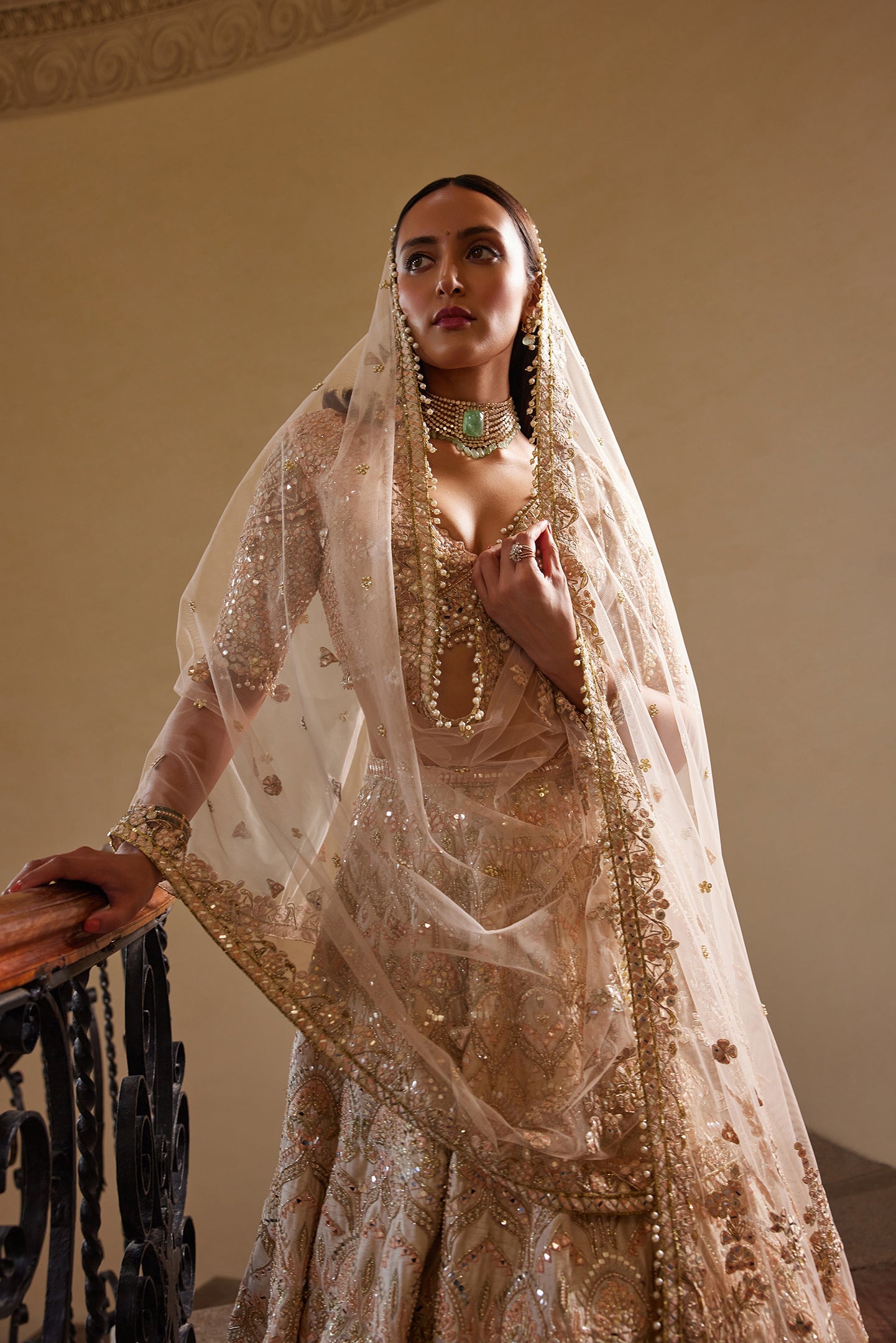 PEACH SELF EMBROIDERED MIRROR LEHENGA SET