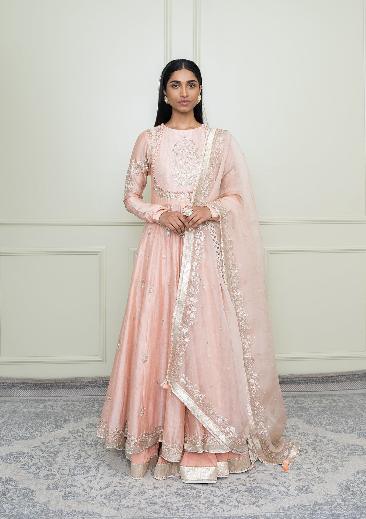 Taarini-Pearl Pink Tilla Embroidered Anarkali Set