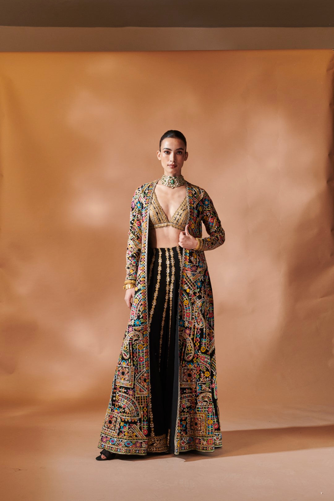 BLACK LONG EMBROIDERED JACKET WITH A BUSTIER AND SHARARA