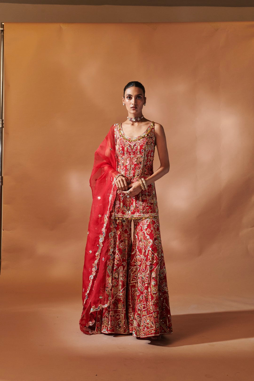 RED KURTA AND SHARARA SET