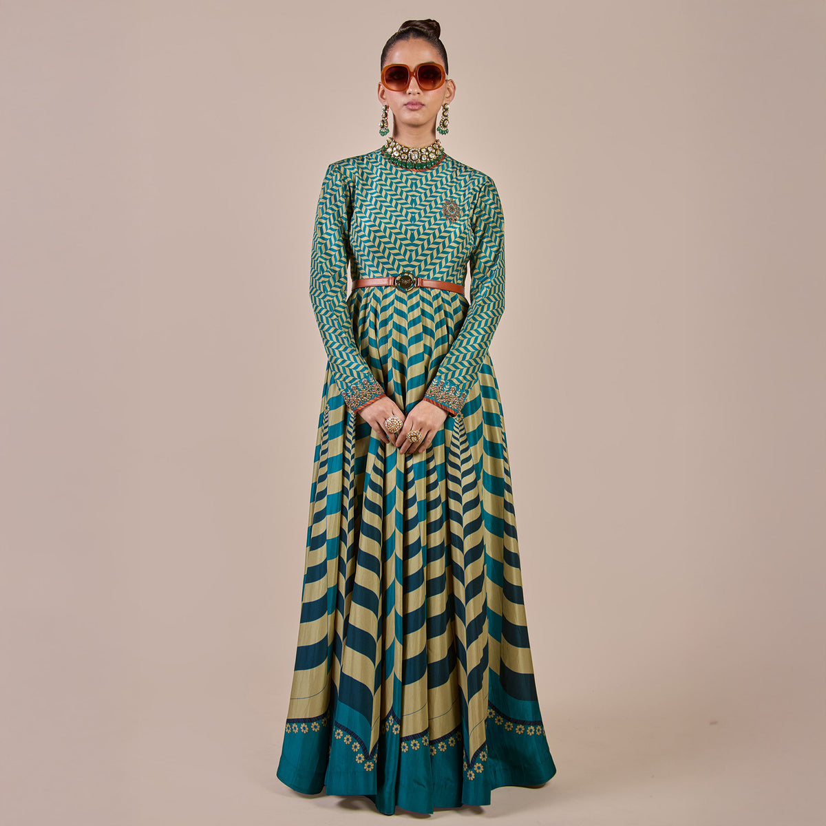 TEAL CHEVRON ANARKALI  - Ready To Ship