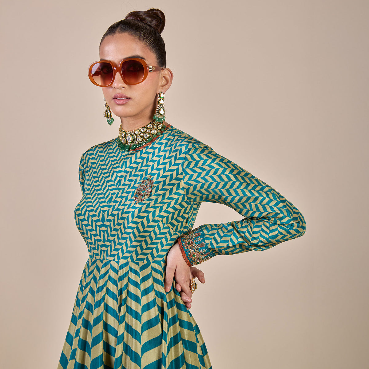 TEAL CHEVRON ANARKALI  - Ready To Ship