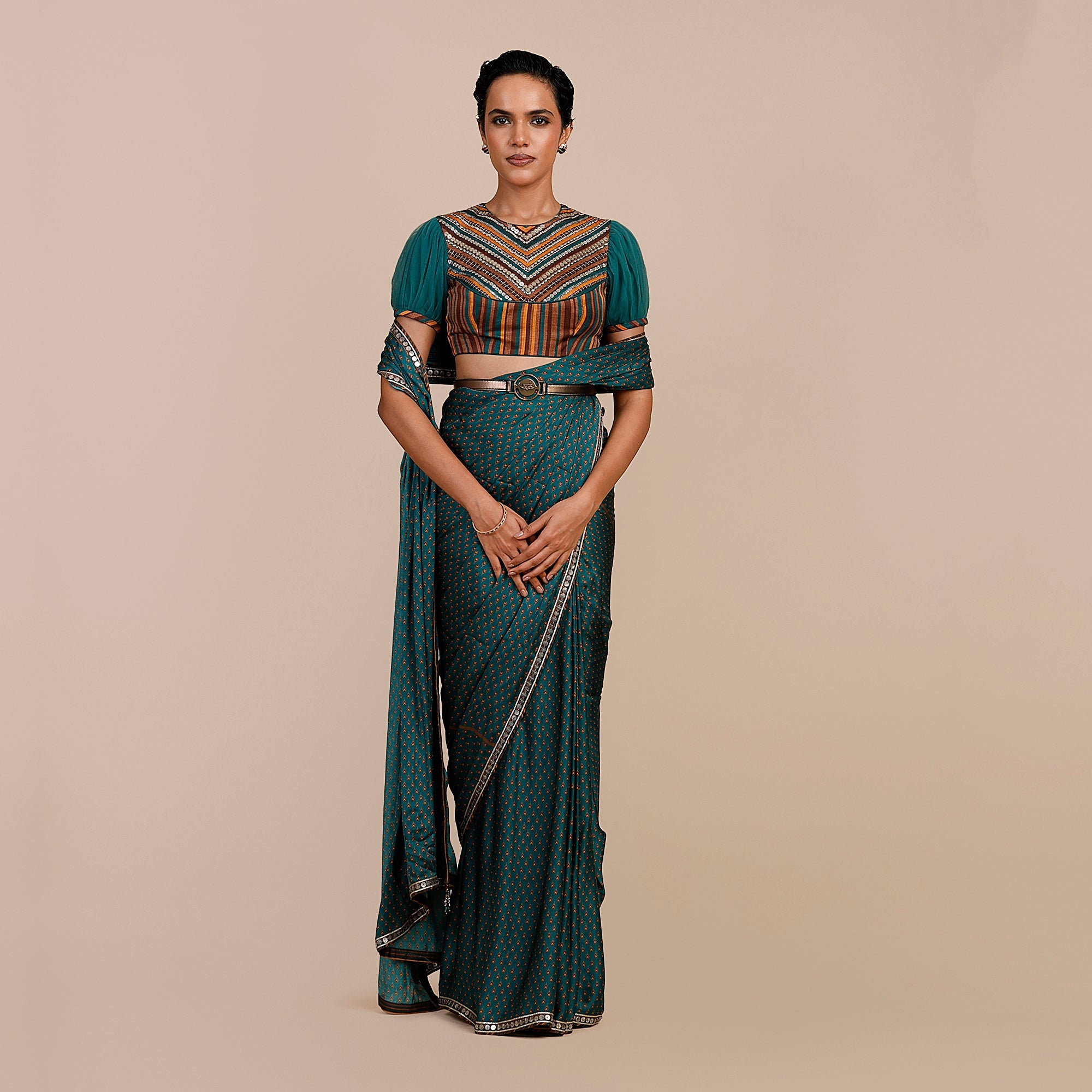 Teal Green - Mustard Yellow Saree Set | SATT