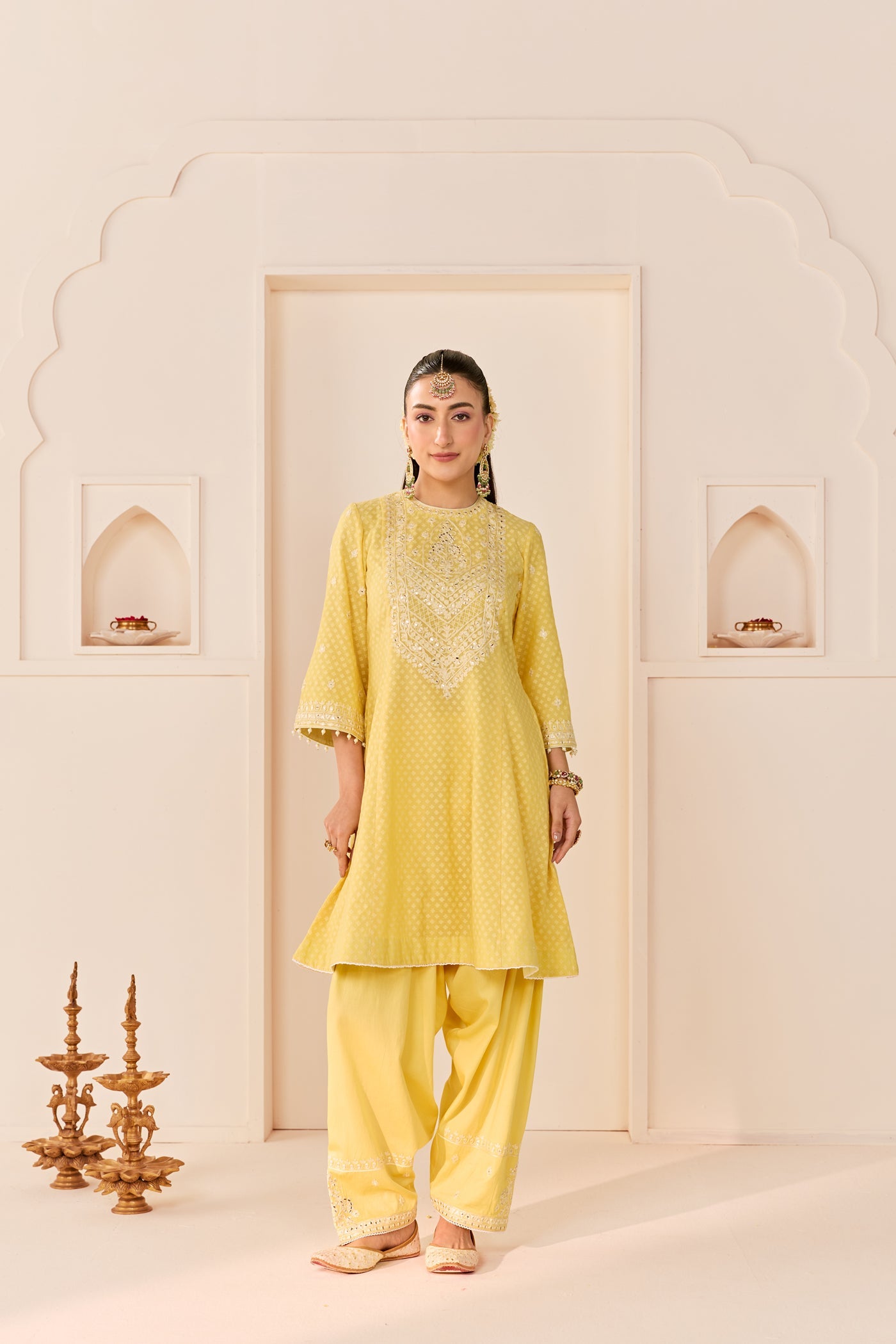 Nida - Lemon Yellow  Short Choga With Farshi Salwar