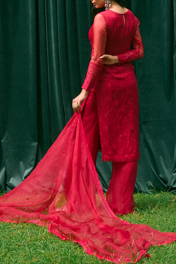 Caramine Pink Organza Thread Work Kurti And Sharara Set