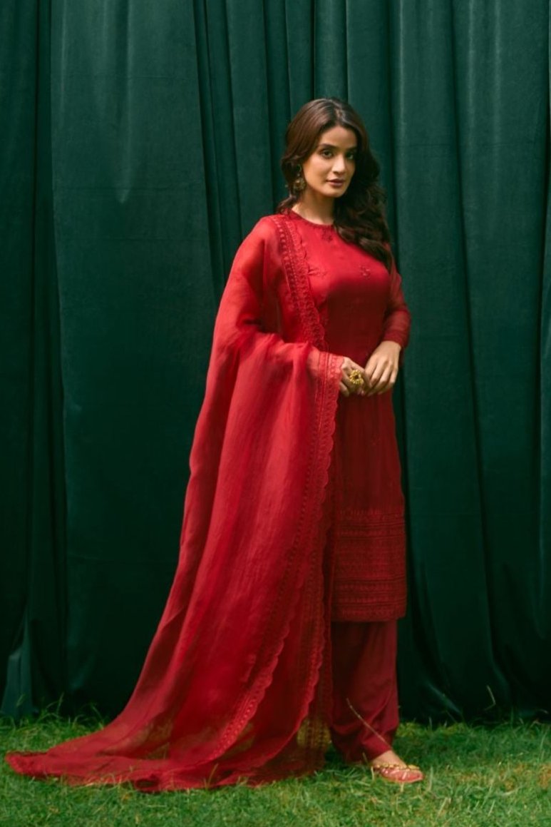 Caramine Pink Organza Thread Work Kurti And Sharara Set