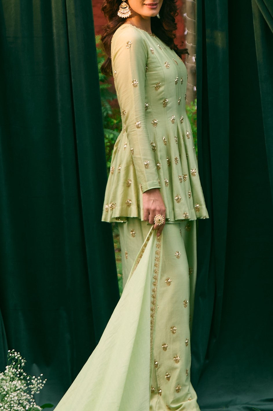 Sage Green A Line Short Kurti And Sharara Set