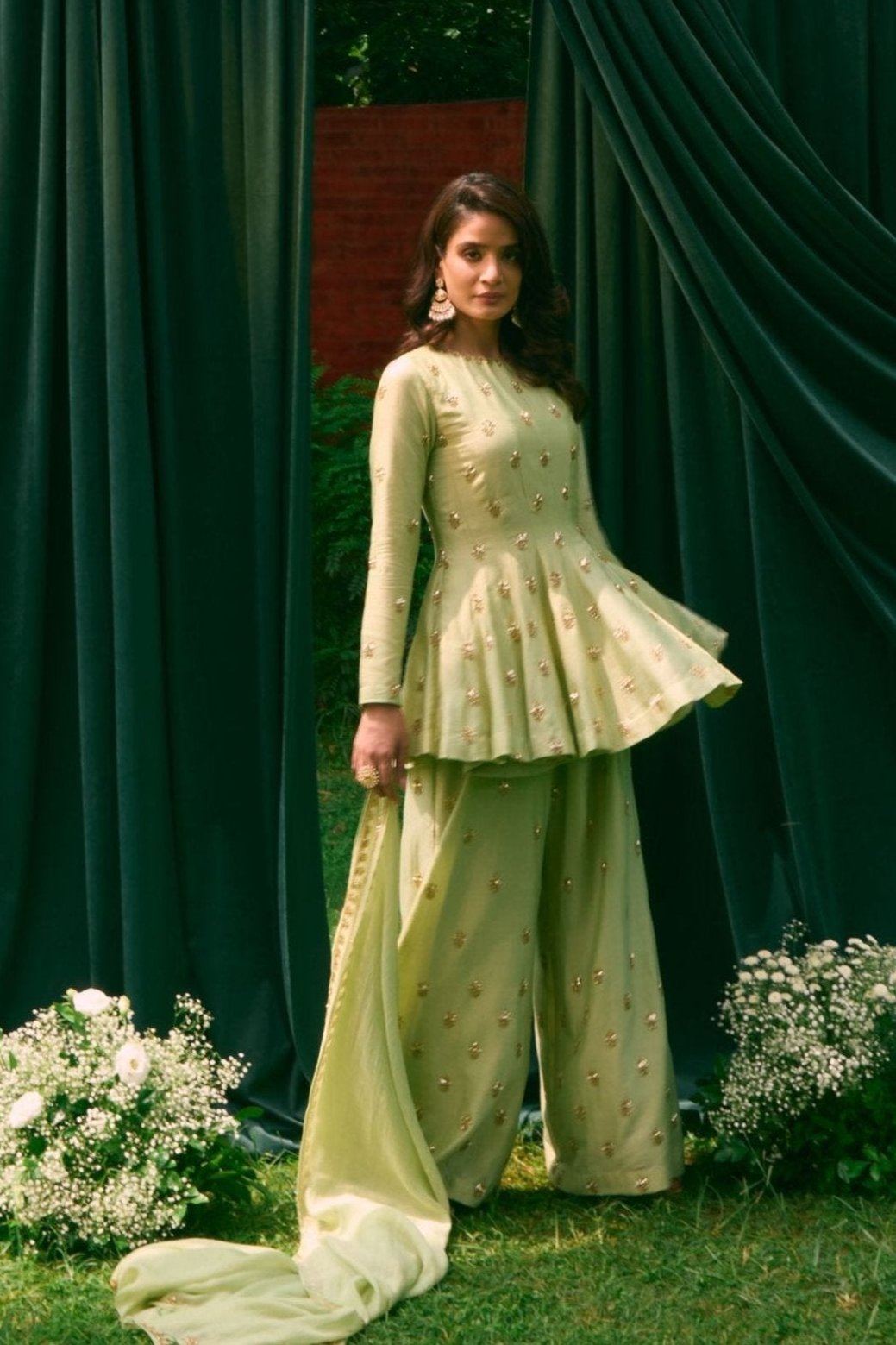 Sage Green A Line Short Kurti And Sharara Set