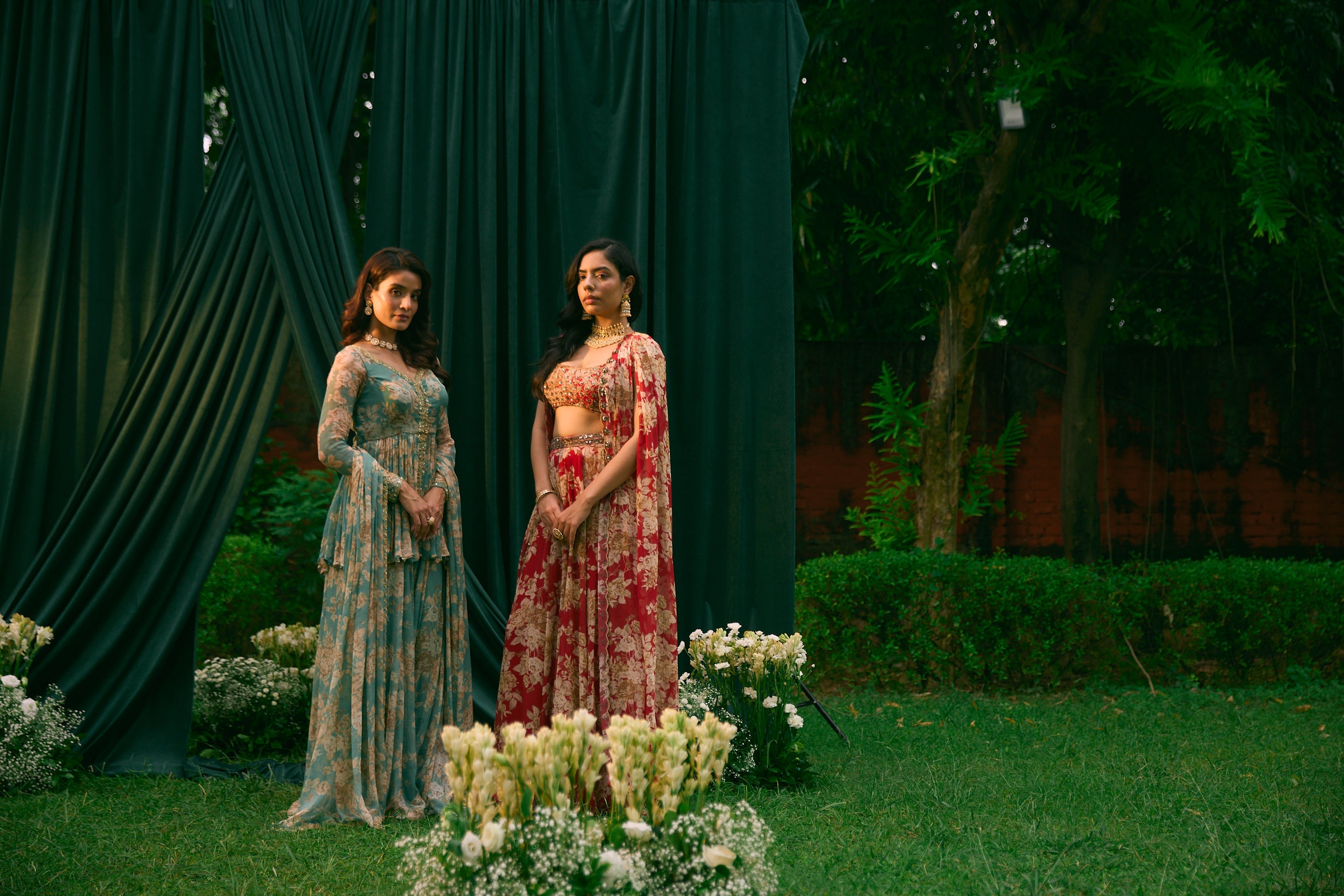 Red Floral Cape With Flared Pants