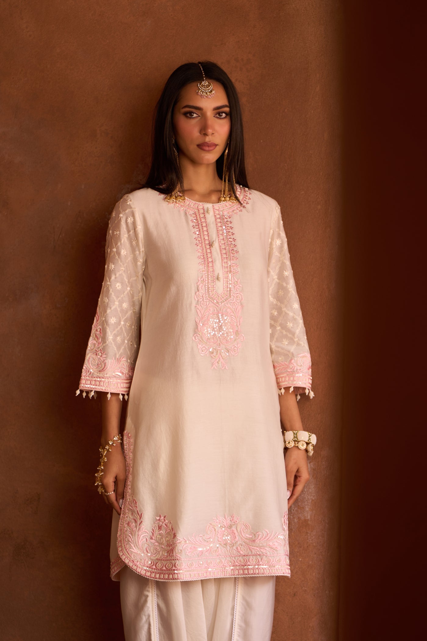 RUHI - DAISY IVORY WITH PINK SHORT KURTA AND DHOTI