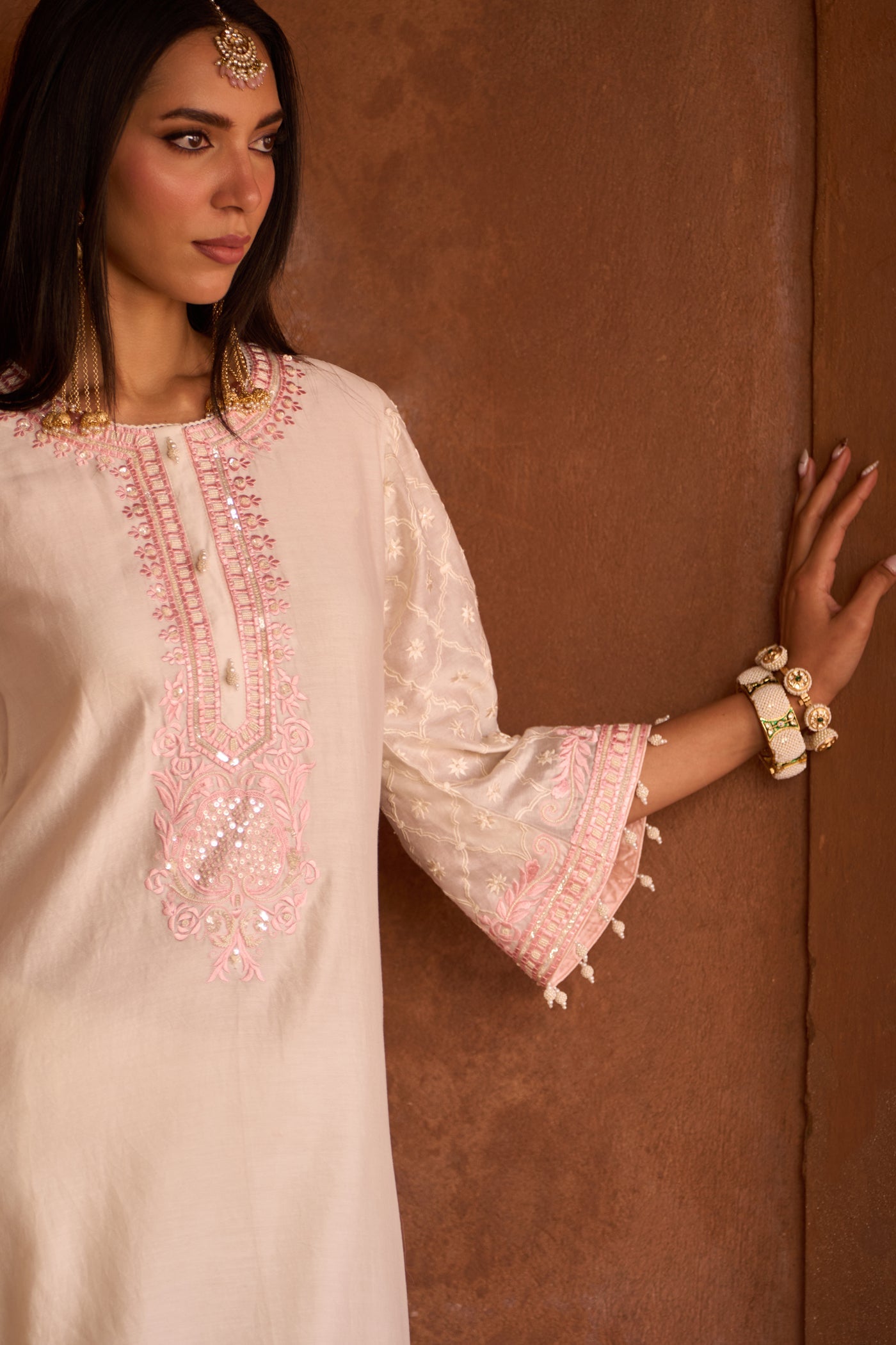 RUHI - DAISY IVORY WITH PINK SHORT KURTA AND DHOTI