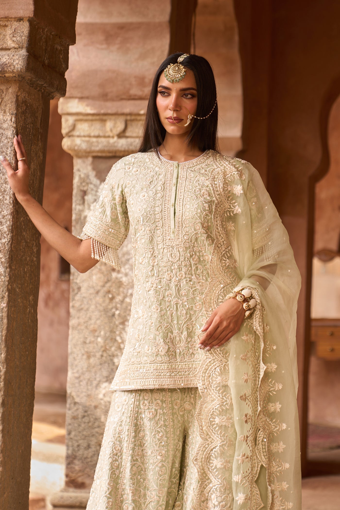 HEER - MINT GREEN SHORT KURTA WITH SHARARA AND DUPATTA