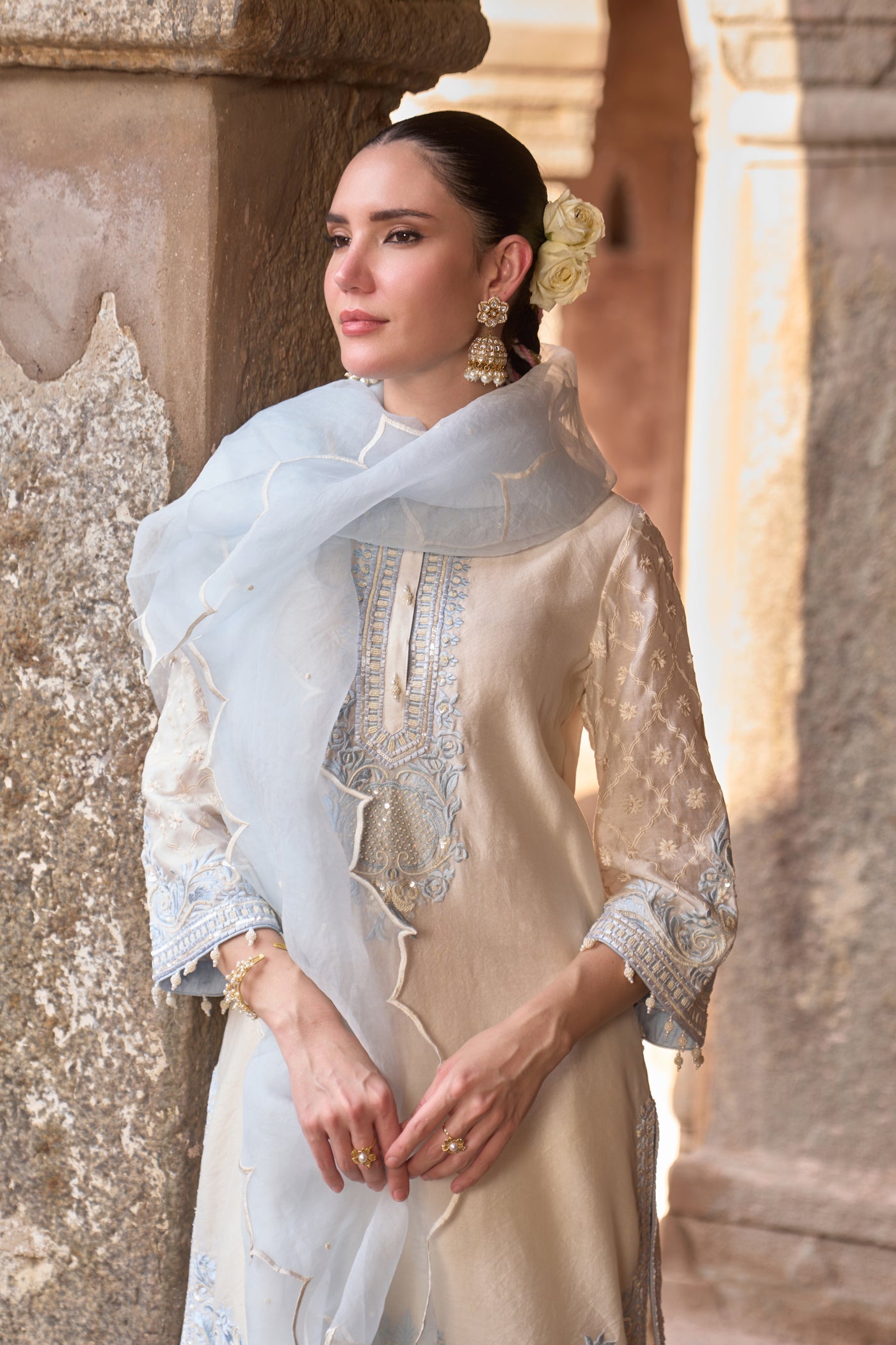 RUHI - DAISY IVORY WITH BLUE SHORT KURTA AND DHOTI