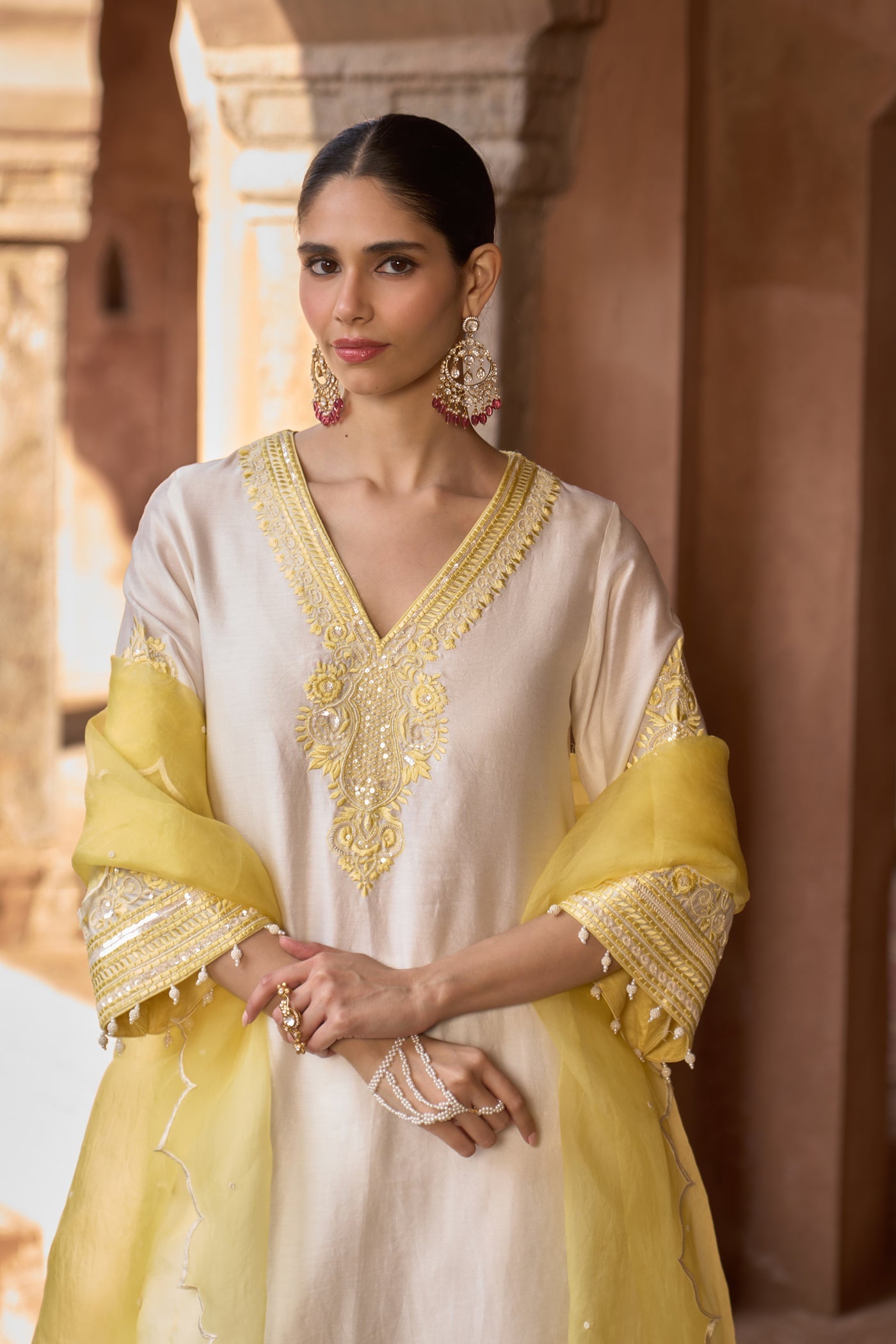 SAHABAT - DAISY IVORY WITH LEMON YELLOW KAAFTAN WITH SALWAR