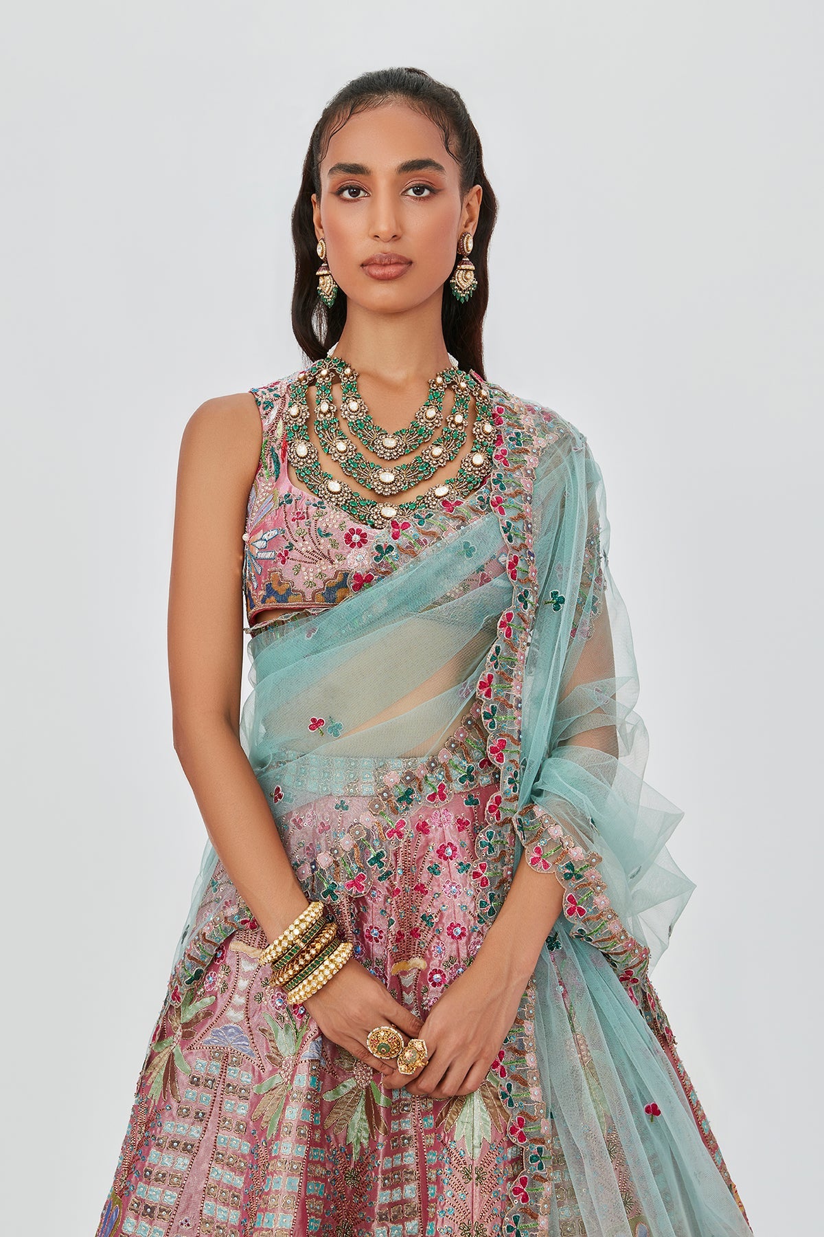 Mehr - Pink Blue Tissue Lehenga Set