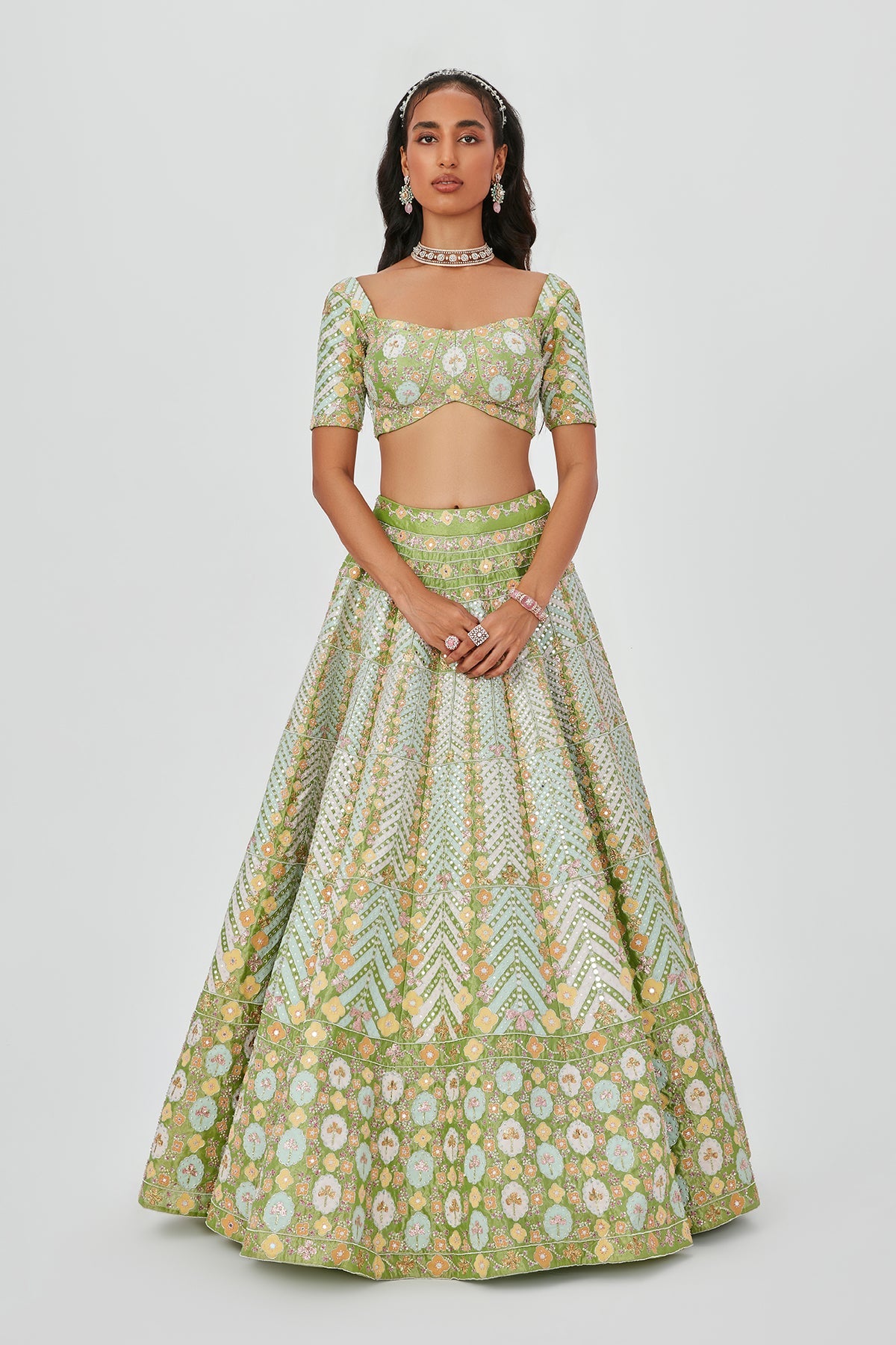 Ziba - Lime Tissue Lehenga Set