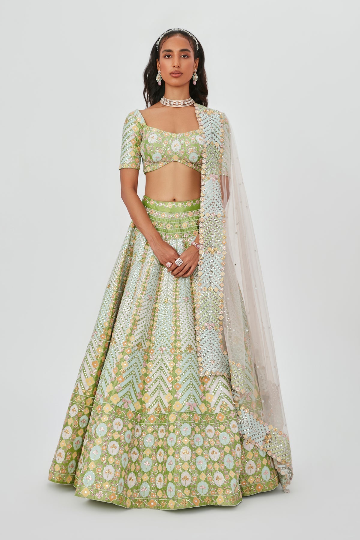 Ziba - Lime Tissue Lehenga Set