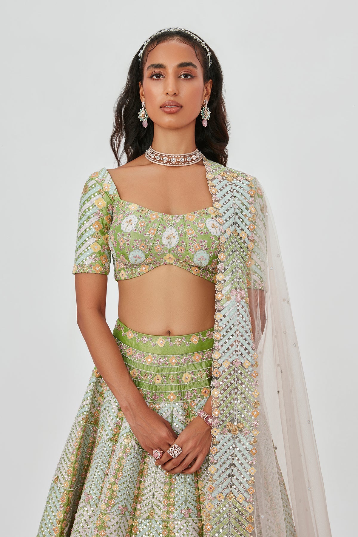 Ziba - Lime Tissue Lehenga Set