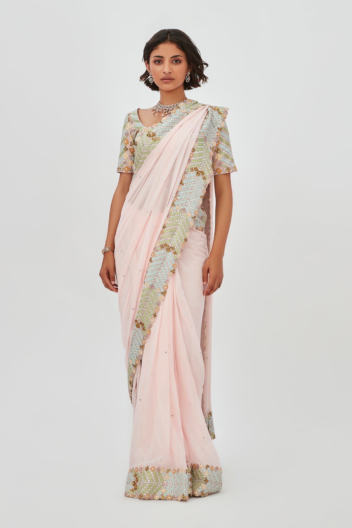 Fariba - Pink Tulle Net Saree Set