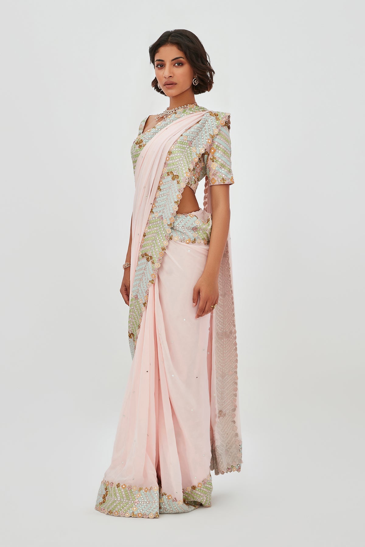 Fariba - Pink Tulle Net Saree Set