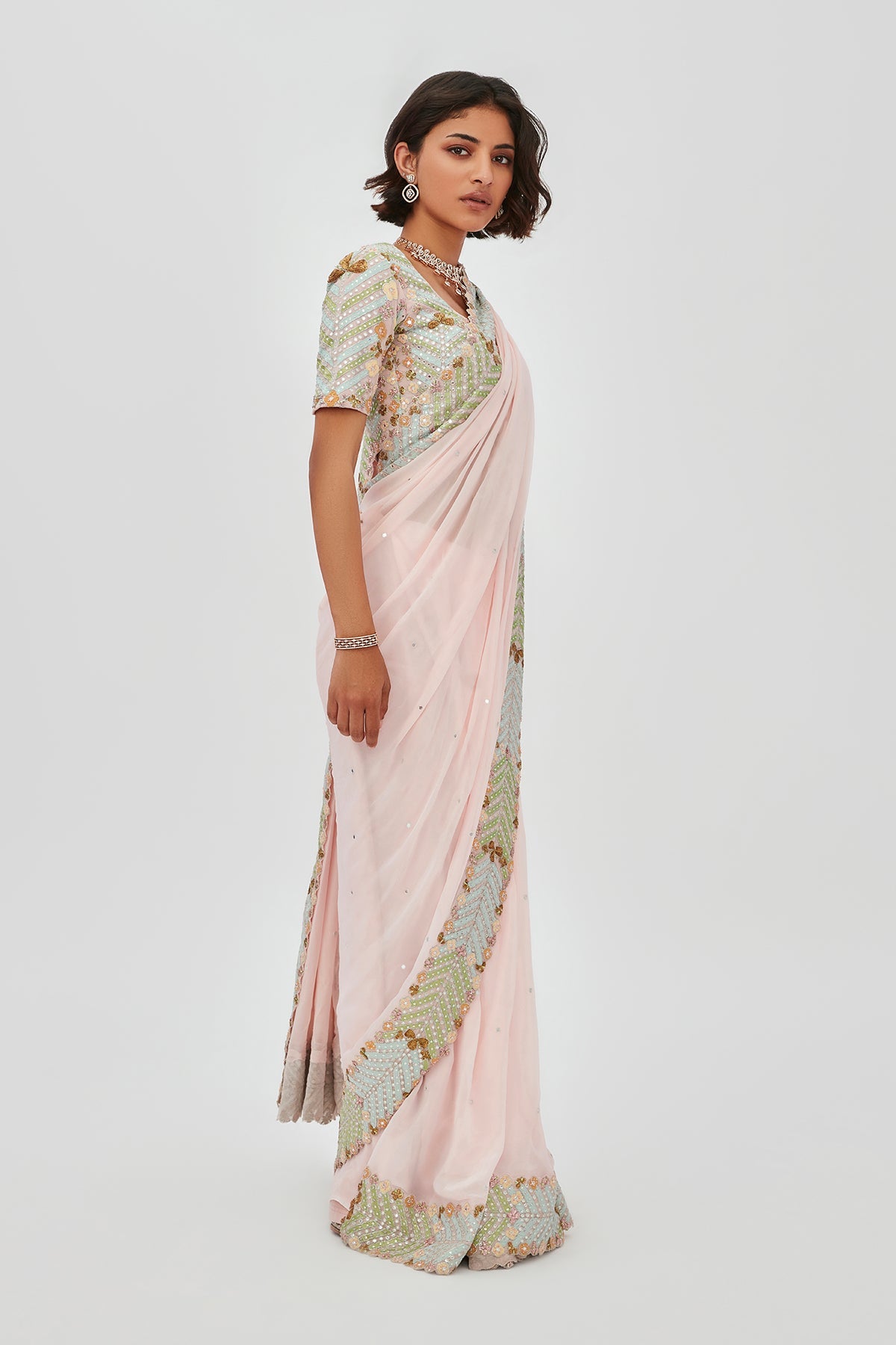 Fariba - Pink Tulle Net Saree Set