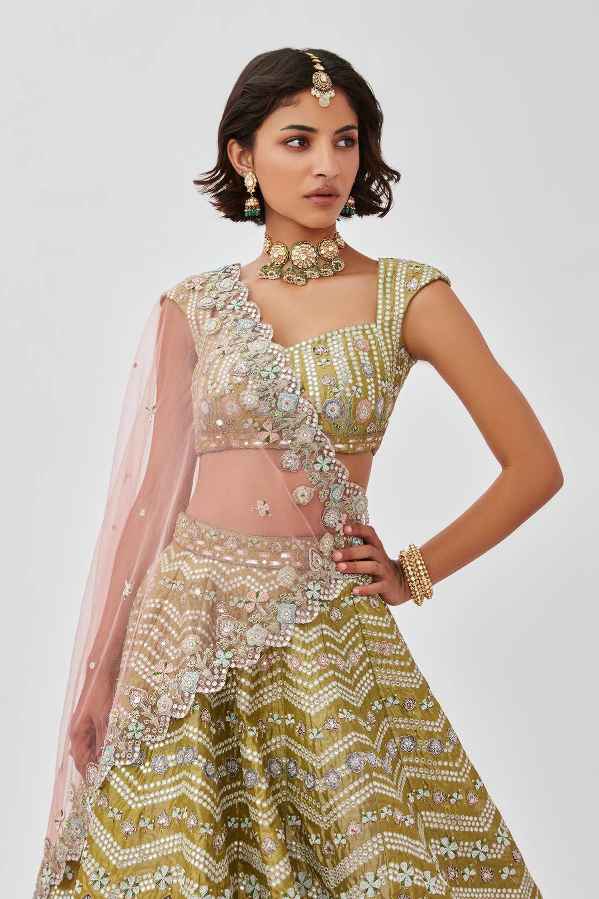 Mahin - Lime Green Tissue Lehenga Set