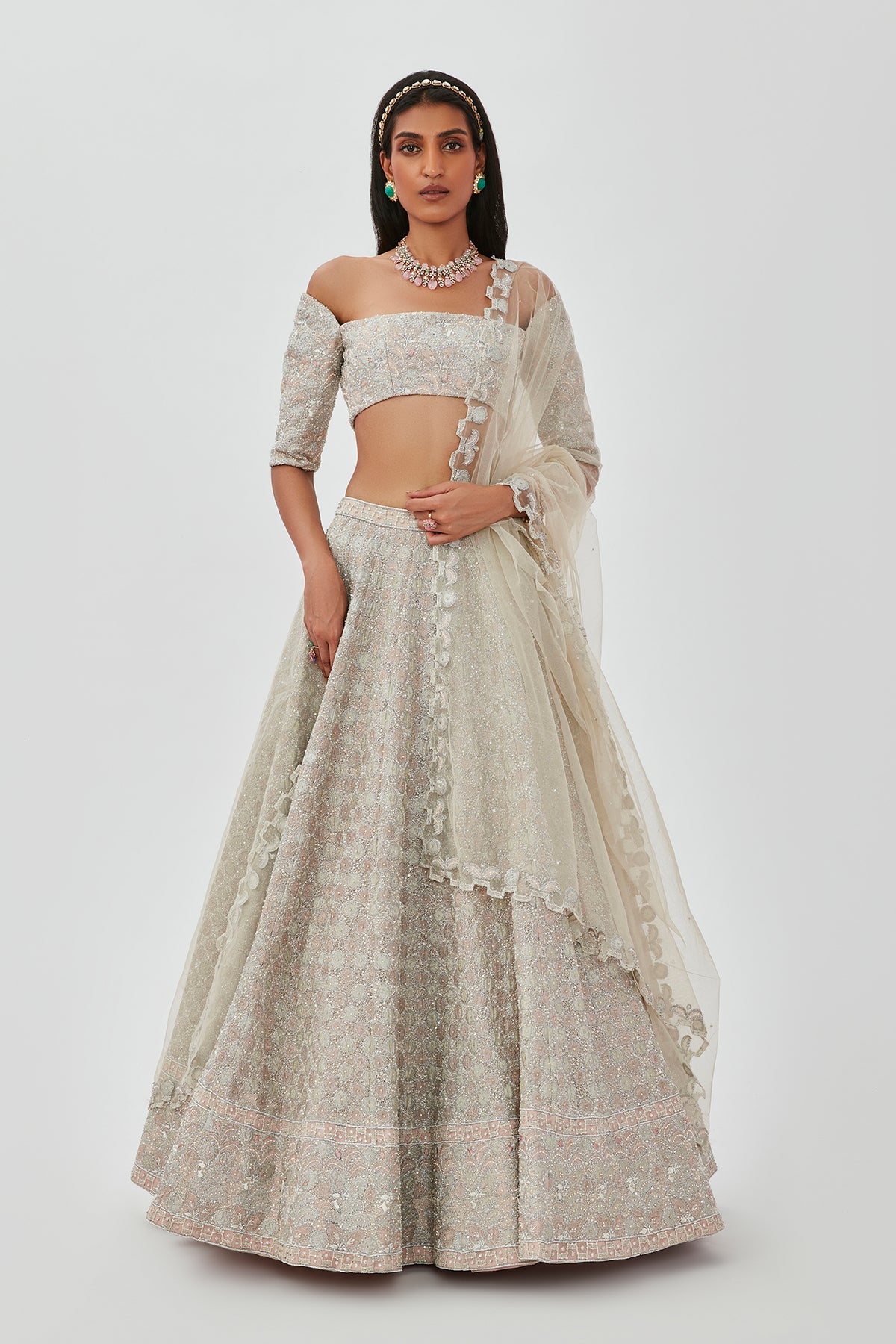 Alya - Silver Tulle Net Lehenga Set