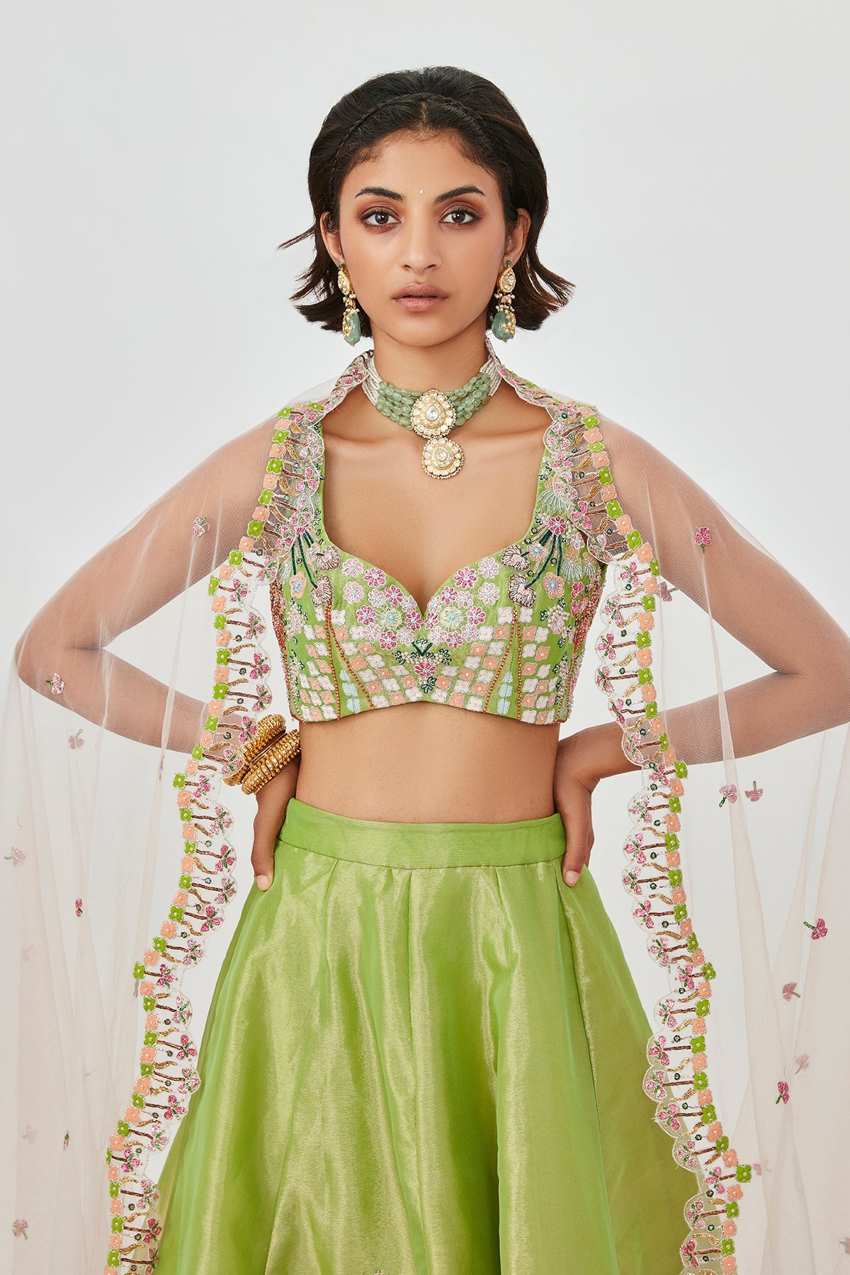 Saira - Sheen Green Tissue Lehenga Set