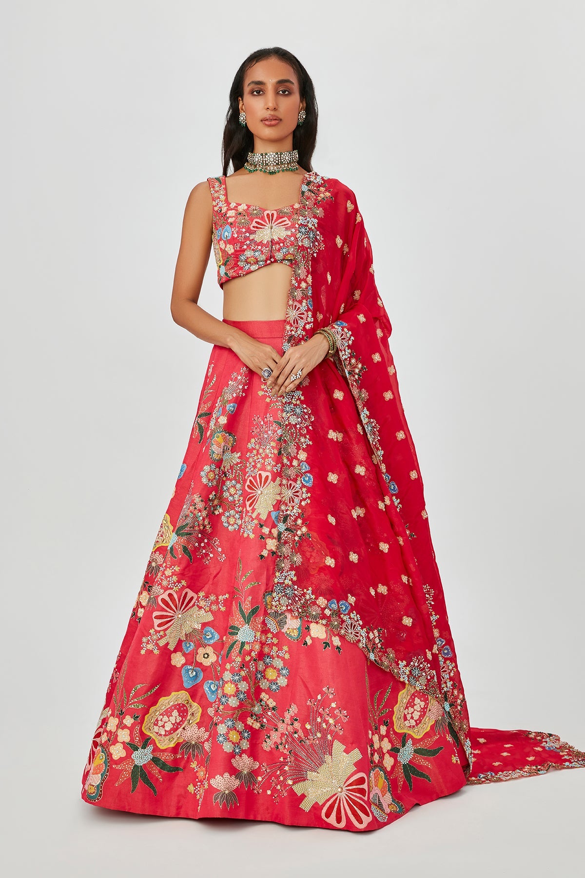 Zahra - Carmine Pink Raw Silk Lehenga Set