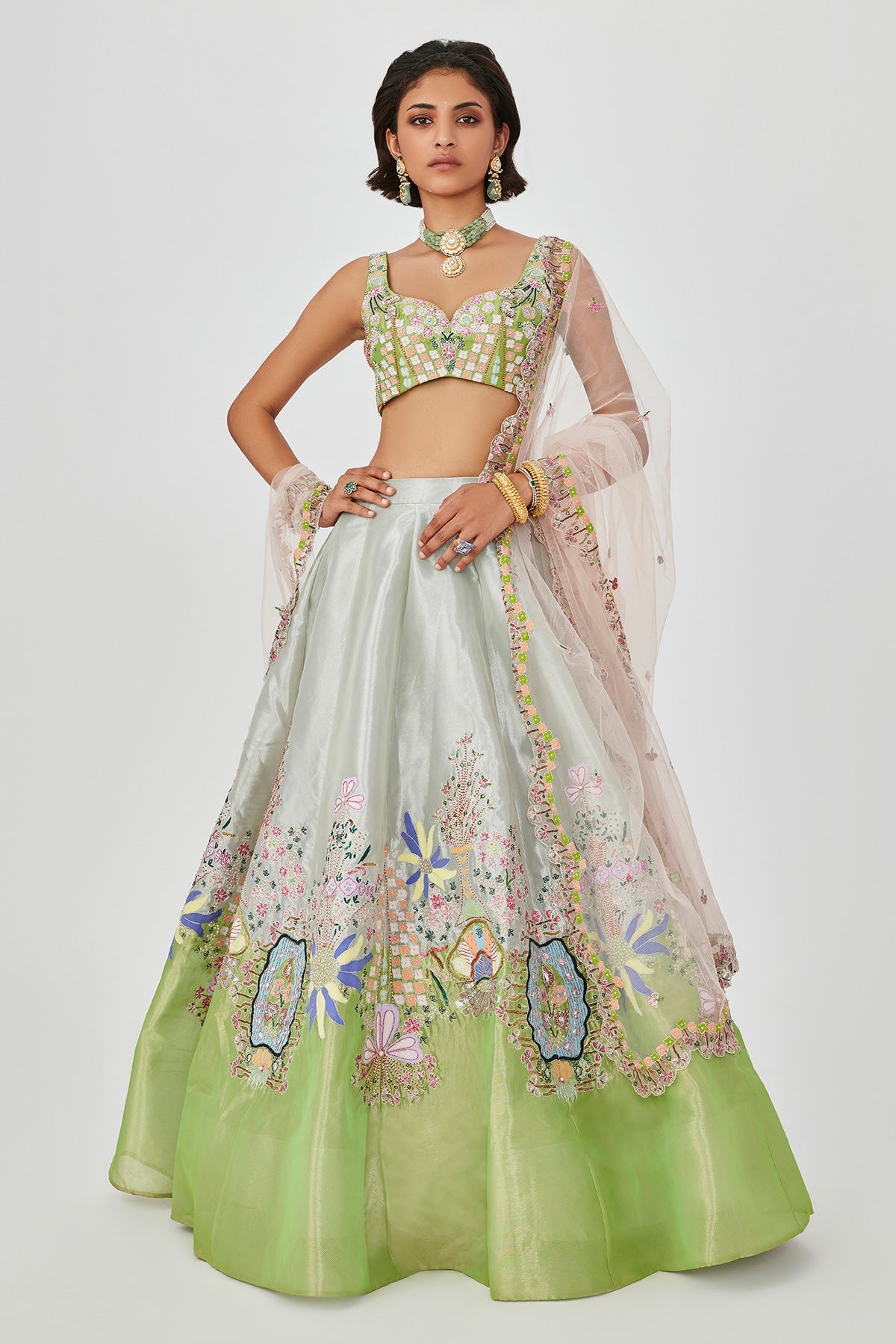 Gulshan - Ivory Lime Tissue Lehenga Set