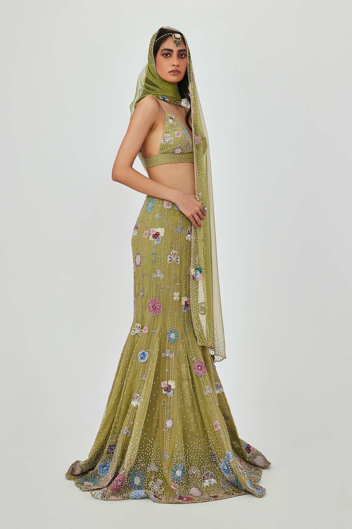 Zarina - Olive Tulle Net Lehenga Set